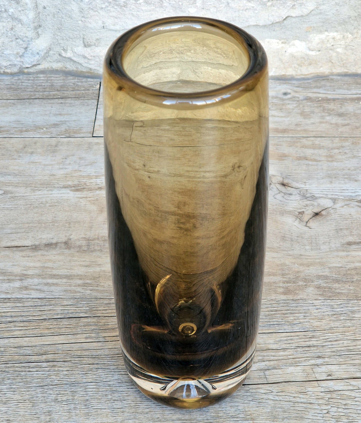 Vintage Magnor Norway Amber Art Glass Cylinder Vase Inward Cone Pontil Mid Century Modern 1960s