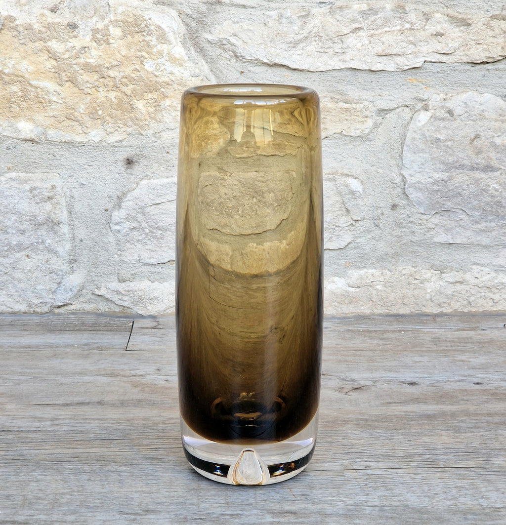 Vintage Magnor Norway Amber Art Glass Cylinder Vase Inward Cone Pontil Mid Century Modern 1960s