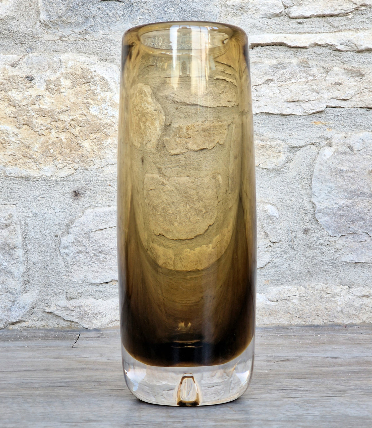 Vintage Magnor Norway Amber Art Glass Cylinder Vase Inward Cone Pontil Mid Century Modern 1960s