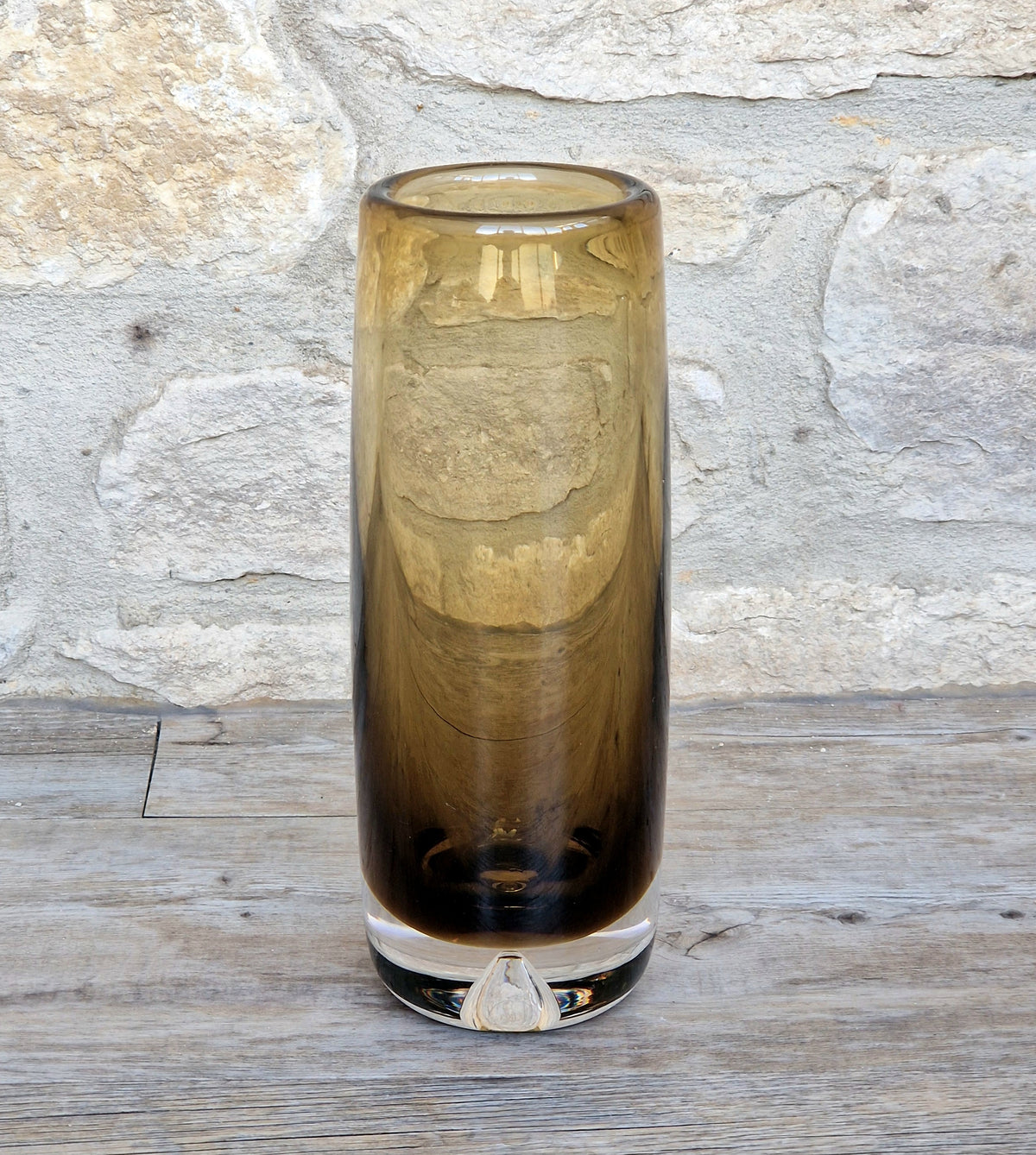Vintage Magnor Norway Amber Art Glass Cylinder Vase Inward Cone Pontil Mid Century Modern 1960s