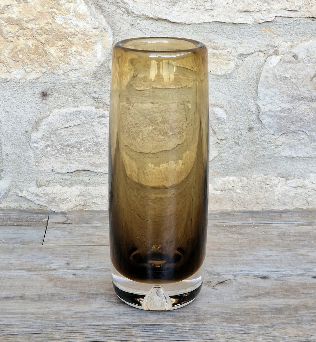 Vintage Magnor Norway Amber Art Glass Cylinder Vase Inward Cone Pontil Mid Century Modern 1960s