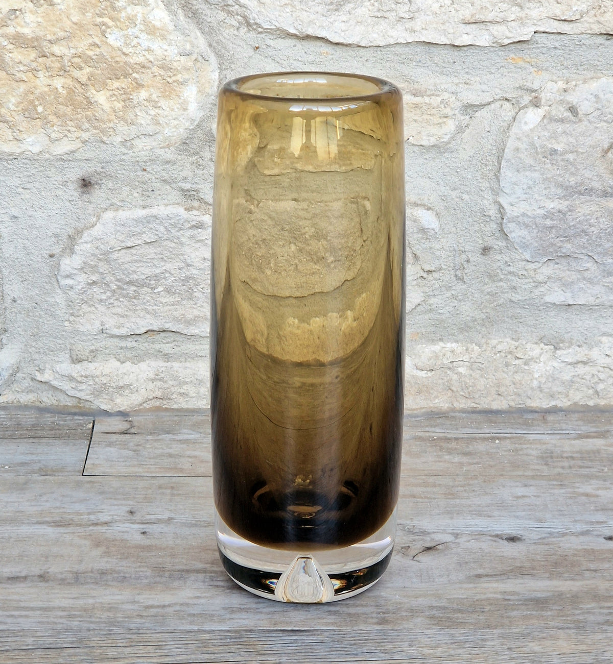 Vintage Magnor Norway Amber Art Glass Cylinder Vase Inward Cone Pontil Mid Century Modern 1960s