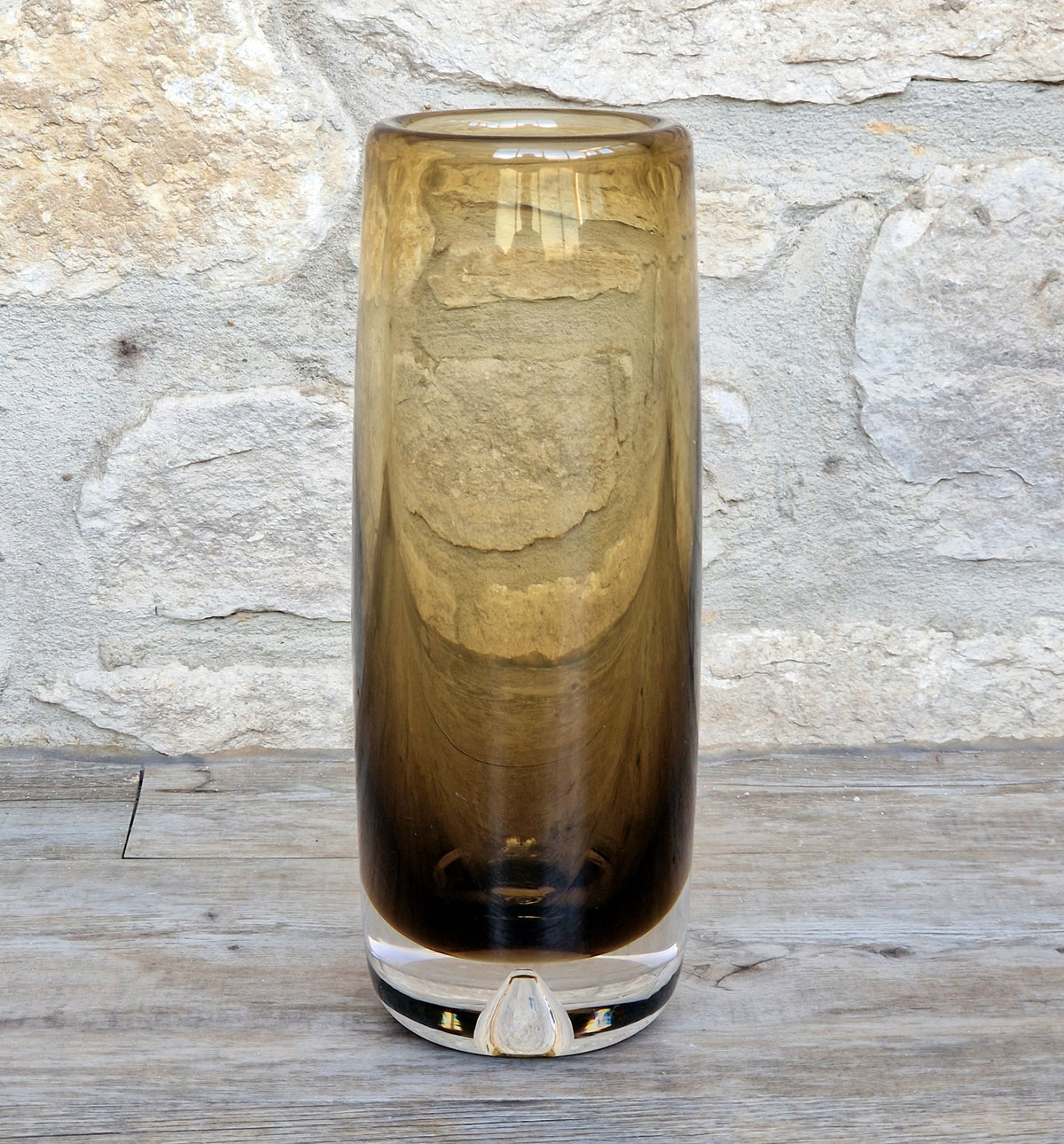 Vintage Magnor Norway Amber Art Glass Cylinder Vase Inward Cone Pontil Mid Century Modern 1960s