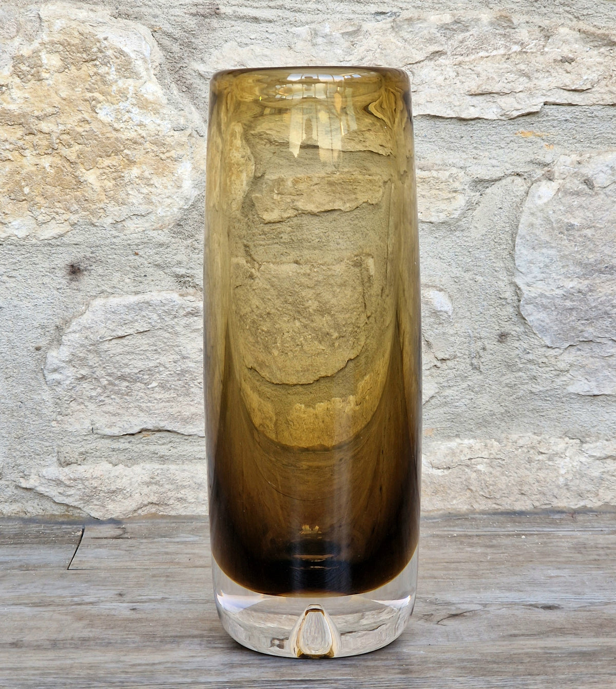 Vintage Magnor Norway Amber Art Glass Cylinder Vase Inward Cone Pontil Mid Century Modern 1960s