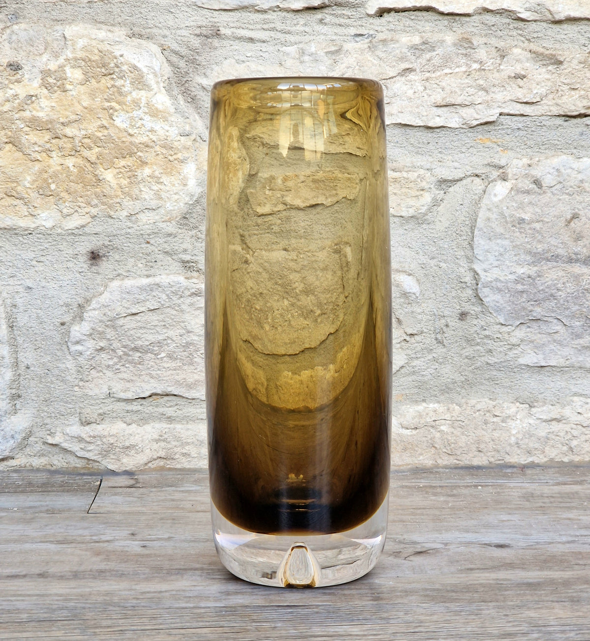 Vintage Magnor Norway Amber Art Glass Cylinder Vase Inward Cone Pontil Mid Century Modern 1960s