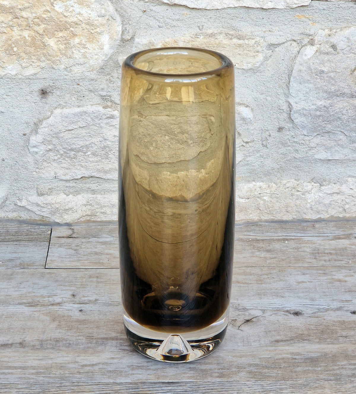 Vintage Magnor Norway Amber Art Glass Cylinder Vase Inward Cone Pontil Mid Century Modern 1960s