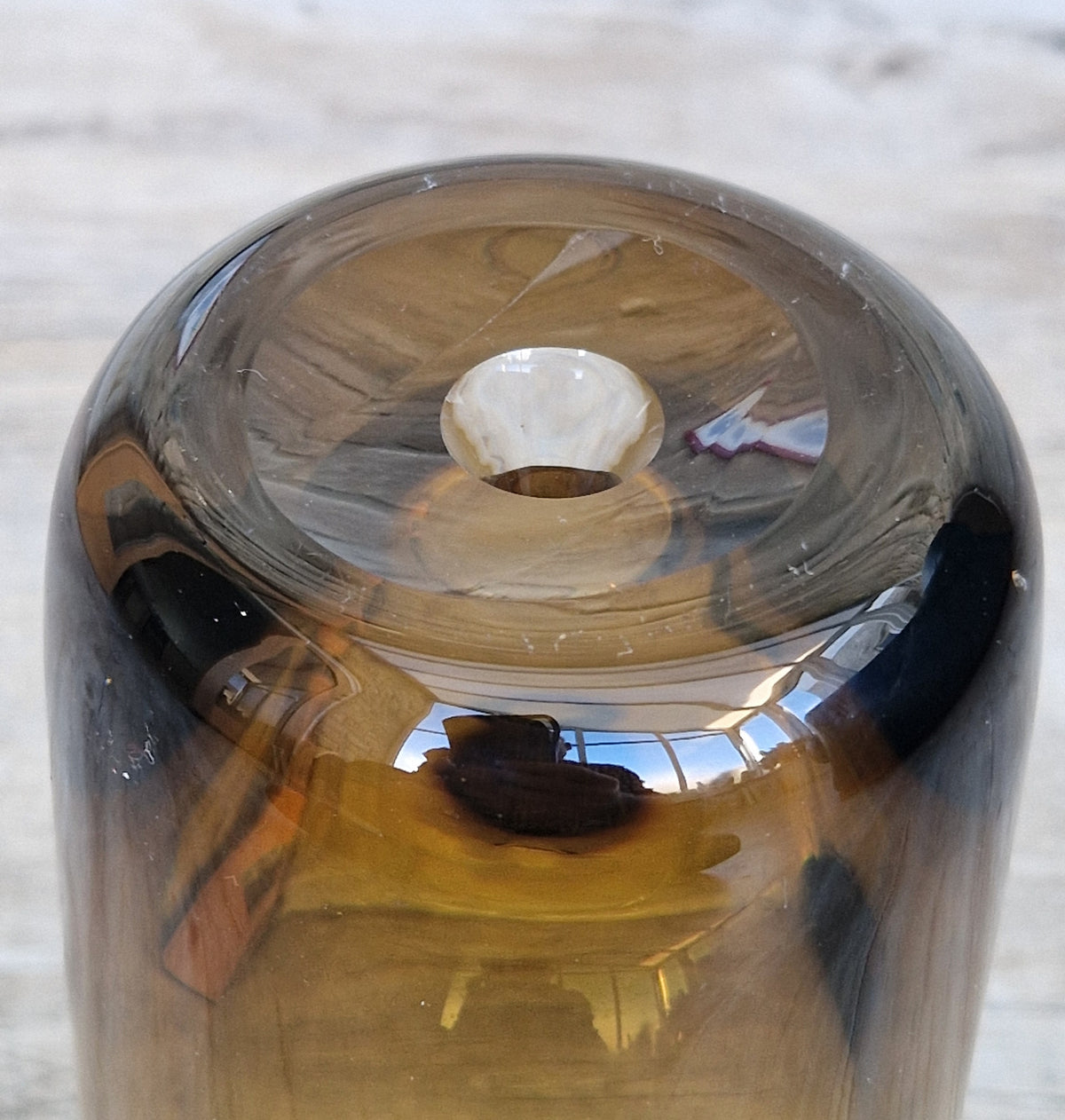 Vintage Magnor Norway Amber Art Glass Cylinder Vase Inward Cone Pontil Mid Century Modern 1960s
