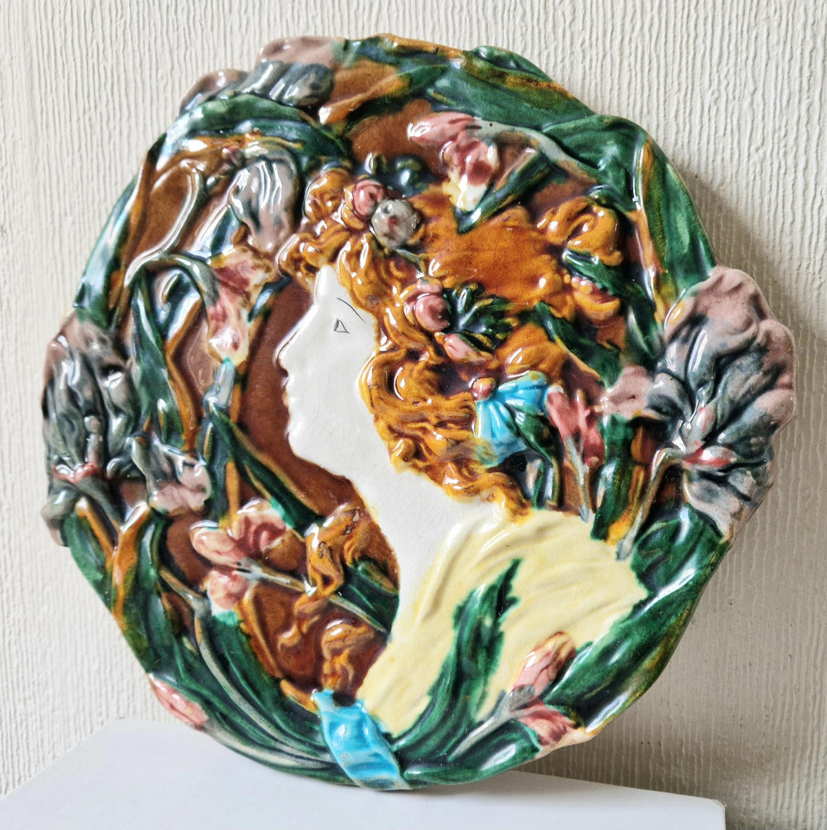 Antique Majolica Floral Yellow Dress Lady Handpainted Art Nouveau Ceramic Wall Plaque Roundel