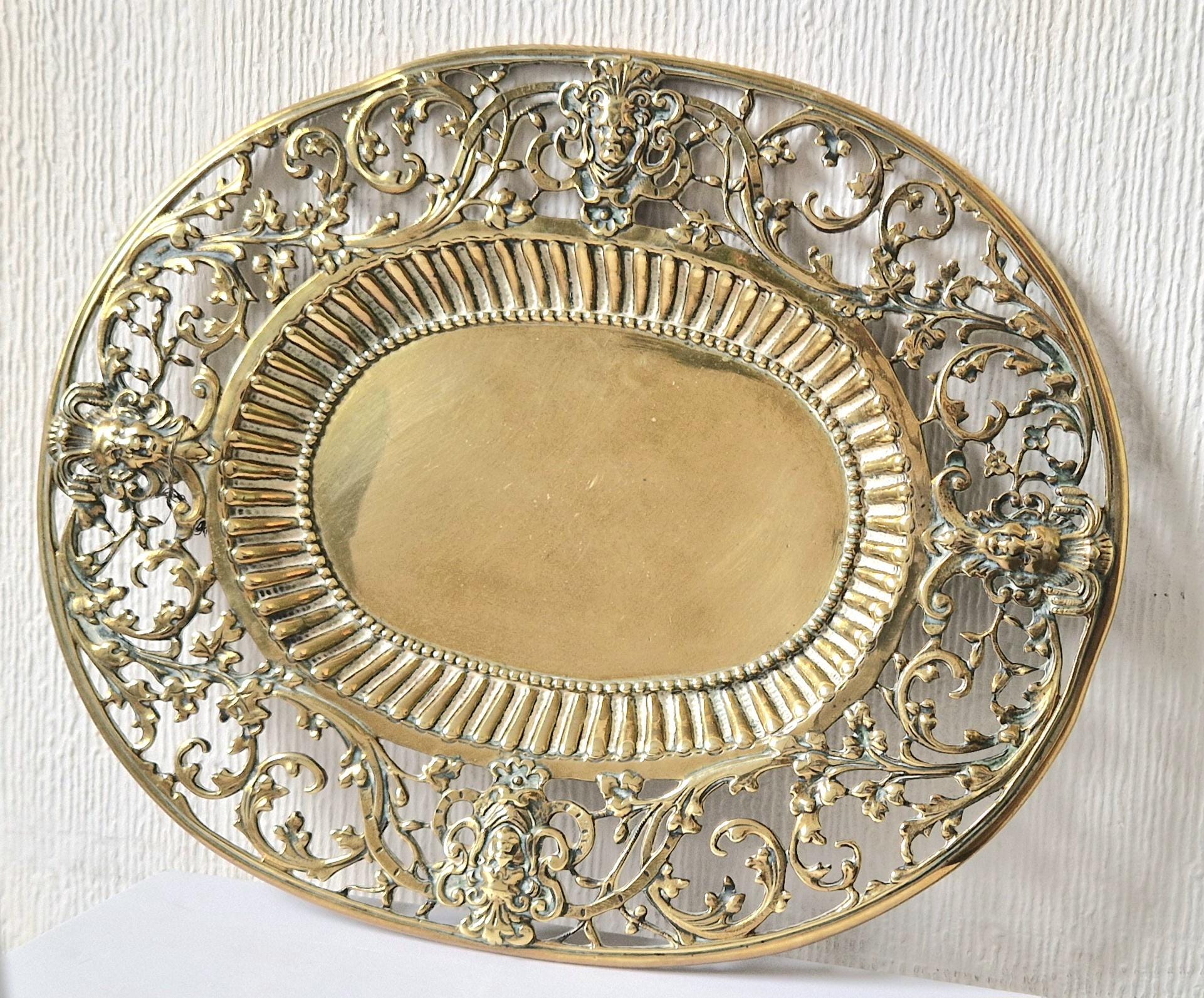 Antique Ornate Heavy Cast Brass Pierced Work Beaded & Ribbed Oval Baroque Card Platter Plate