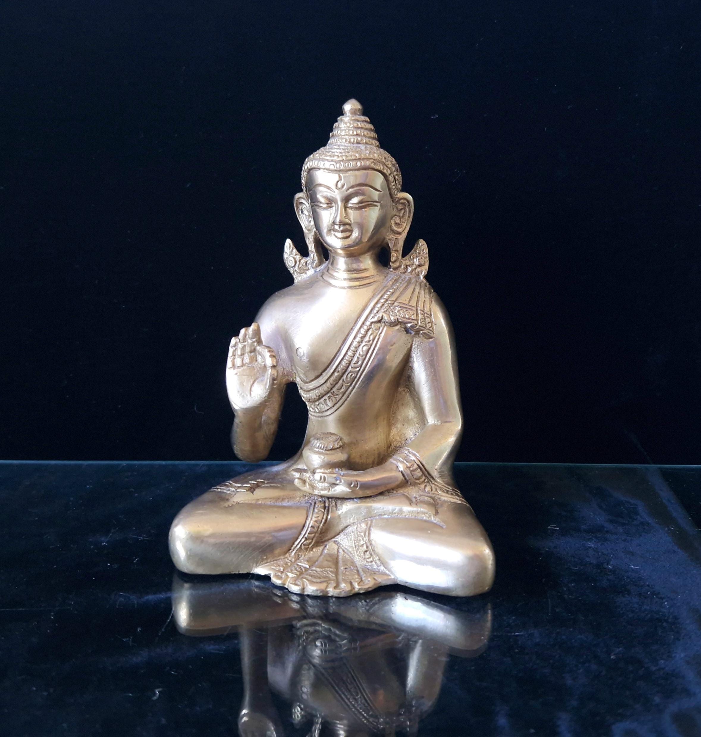 Vintage Heavy Cast Brass Seated Meditating Buddha Figure Vitarka Mudra Pose 6 inches