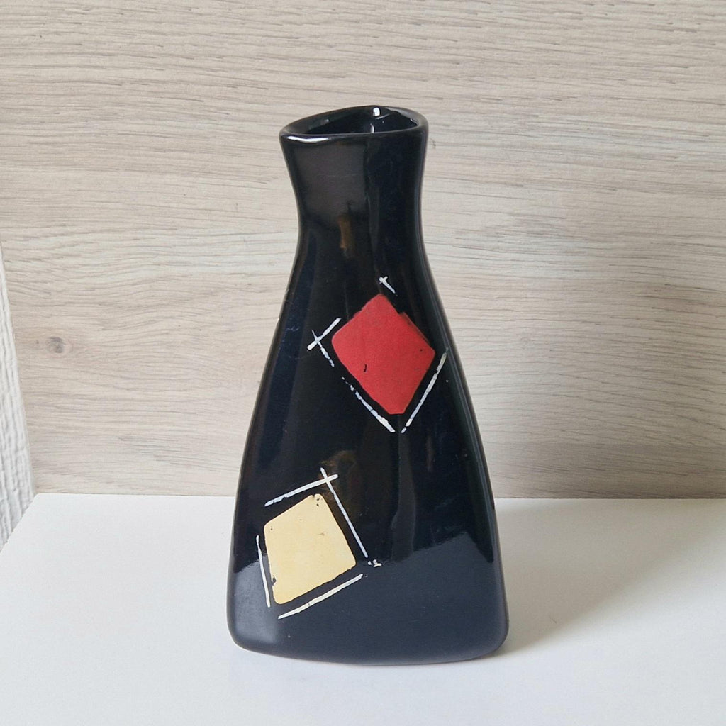 Mid Century West German Handpainted Tri-Form Abstract Black Ceramic Vase 18cm