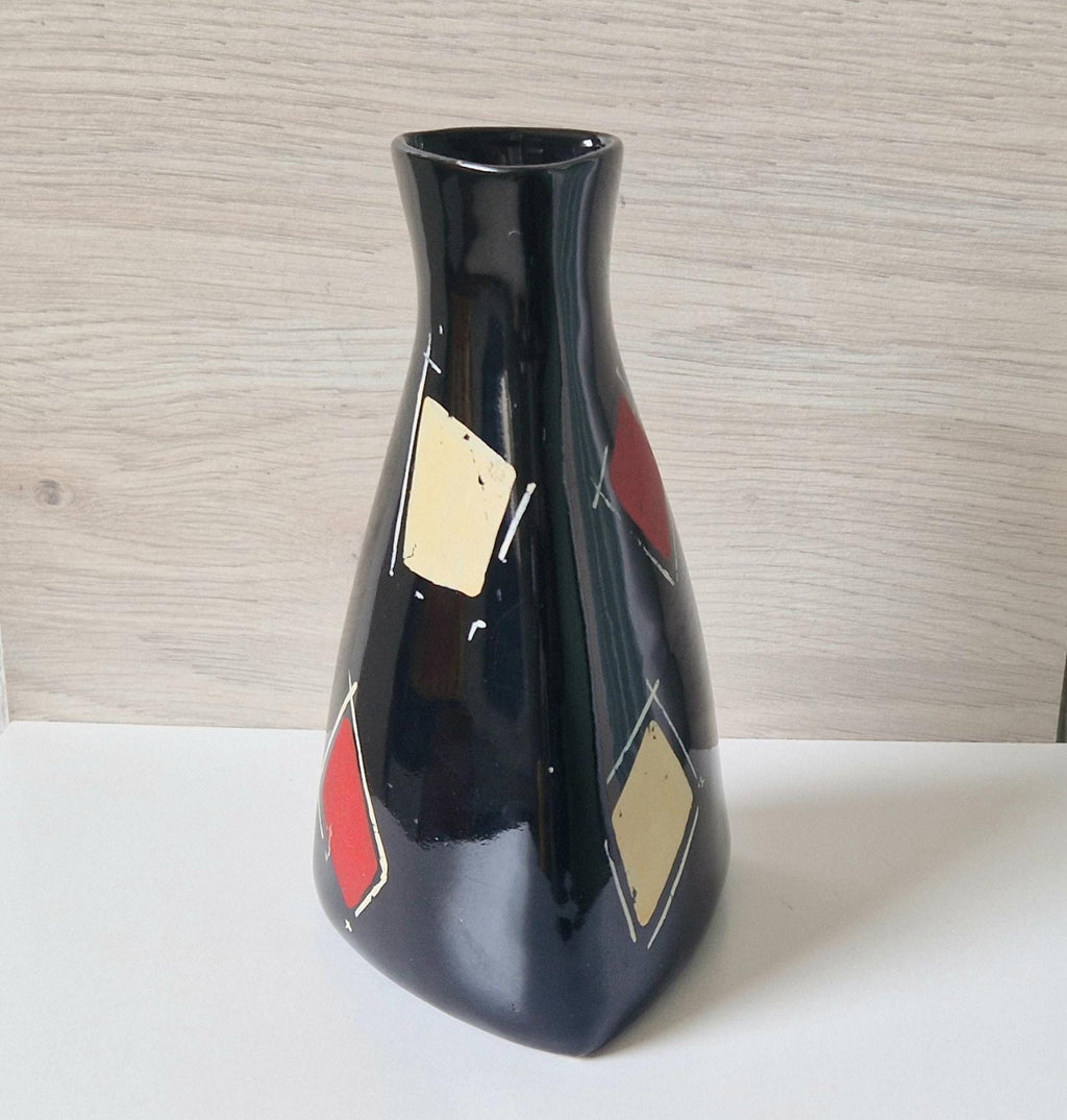 Mid Century West German Handpainted Tri-Form Abstract Black Ceramic Vase 18cm