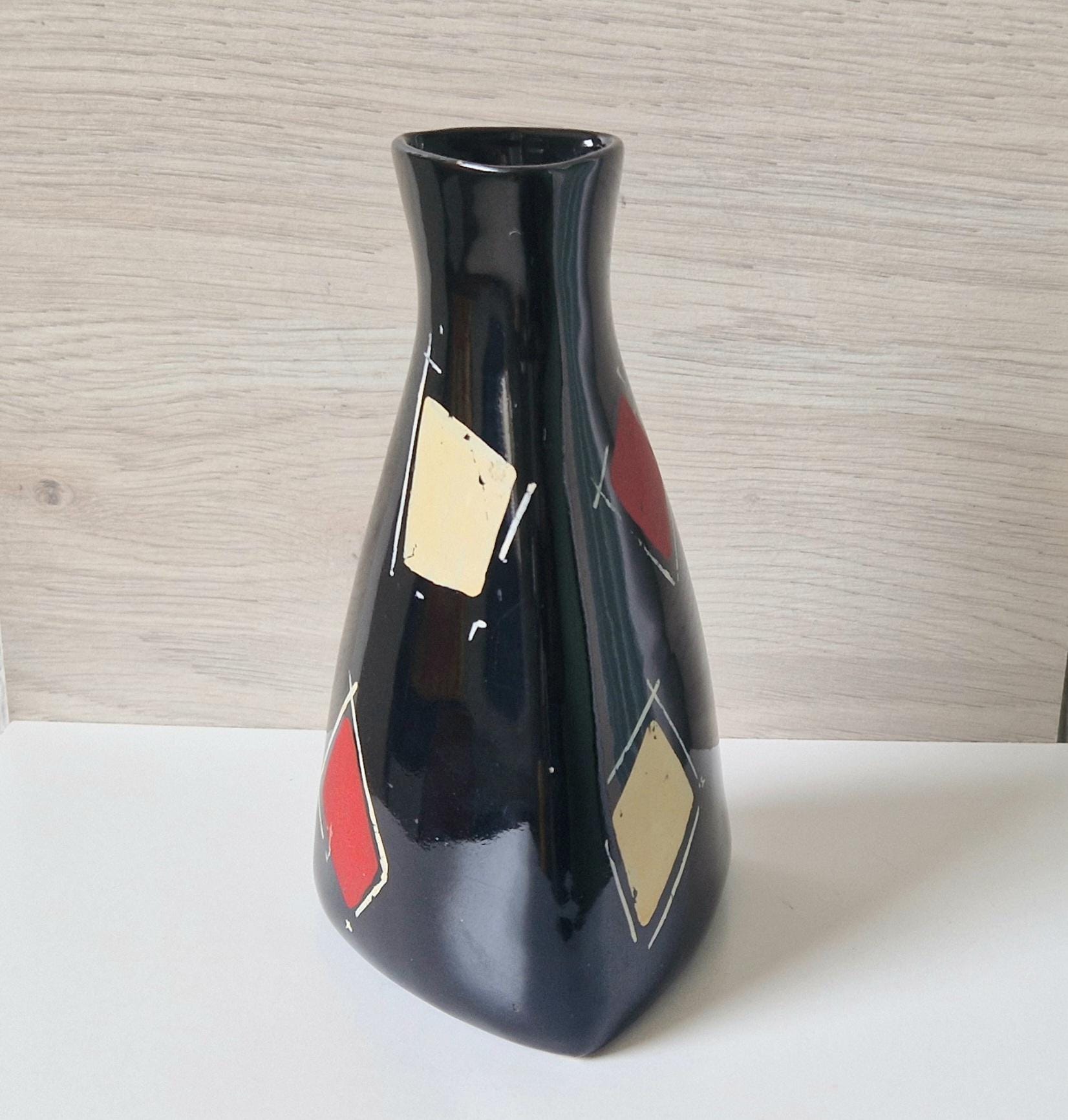 Mid Century West German Handpainted Tri-Form Abstract Black Ceramic Vase 18cm