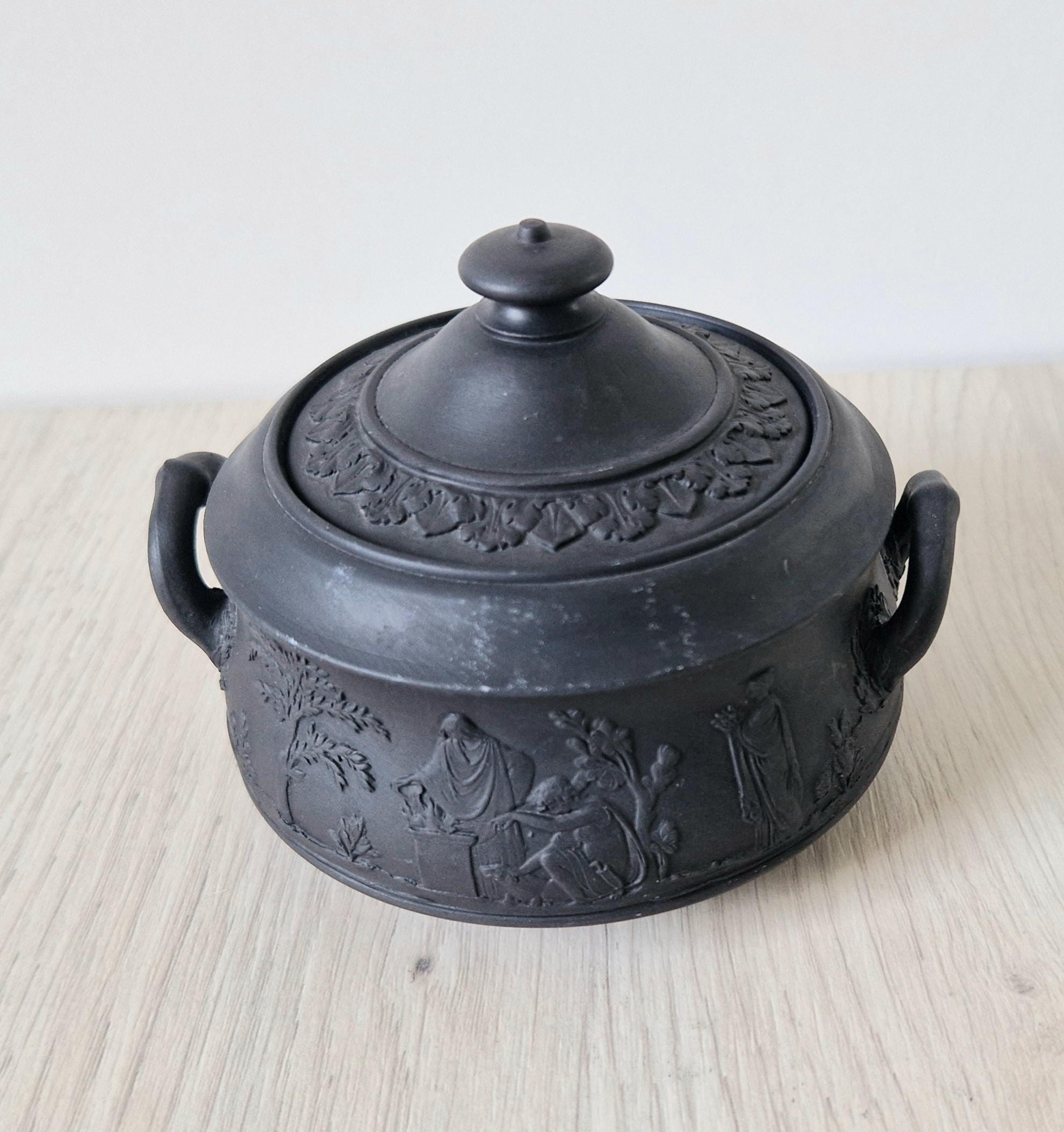 Vintage Black Basalt Wedgwood Neo-Classical Twin Handle Lidded Sugar Box