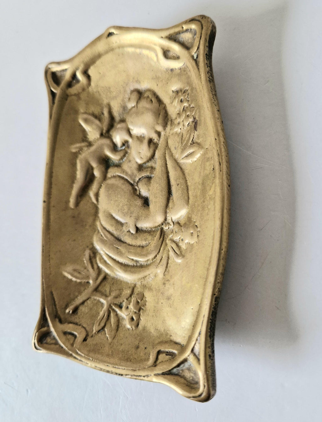Antique Art Nouveau Jugendstil Heavy Cast Brass Sleeping Lady & Putti Pin Dish