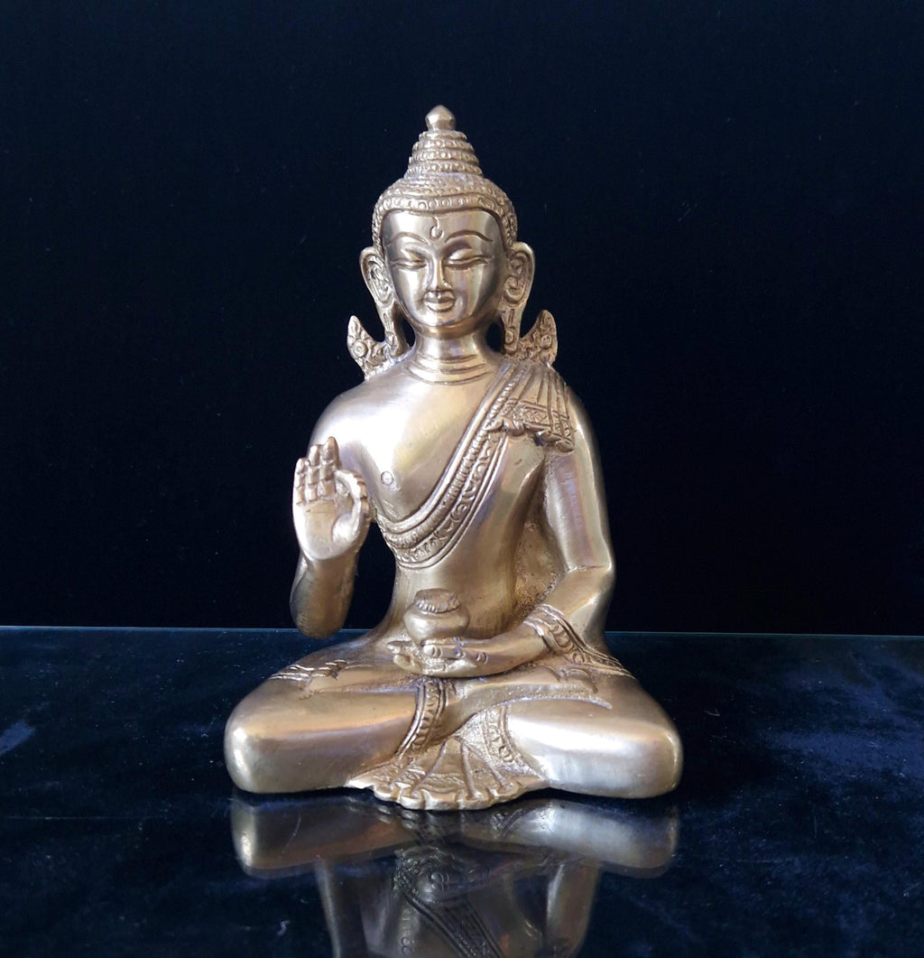 Vintage Heavy Cast Brass Seated Meditating Buddha Figure Vitarka Mudra Pose 6 inches