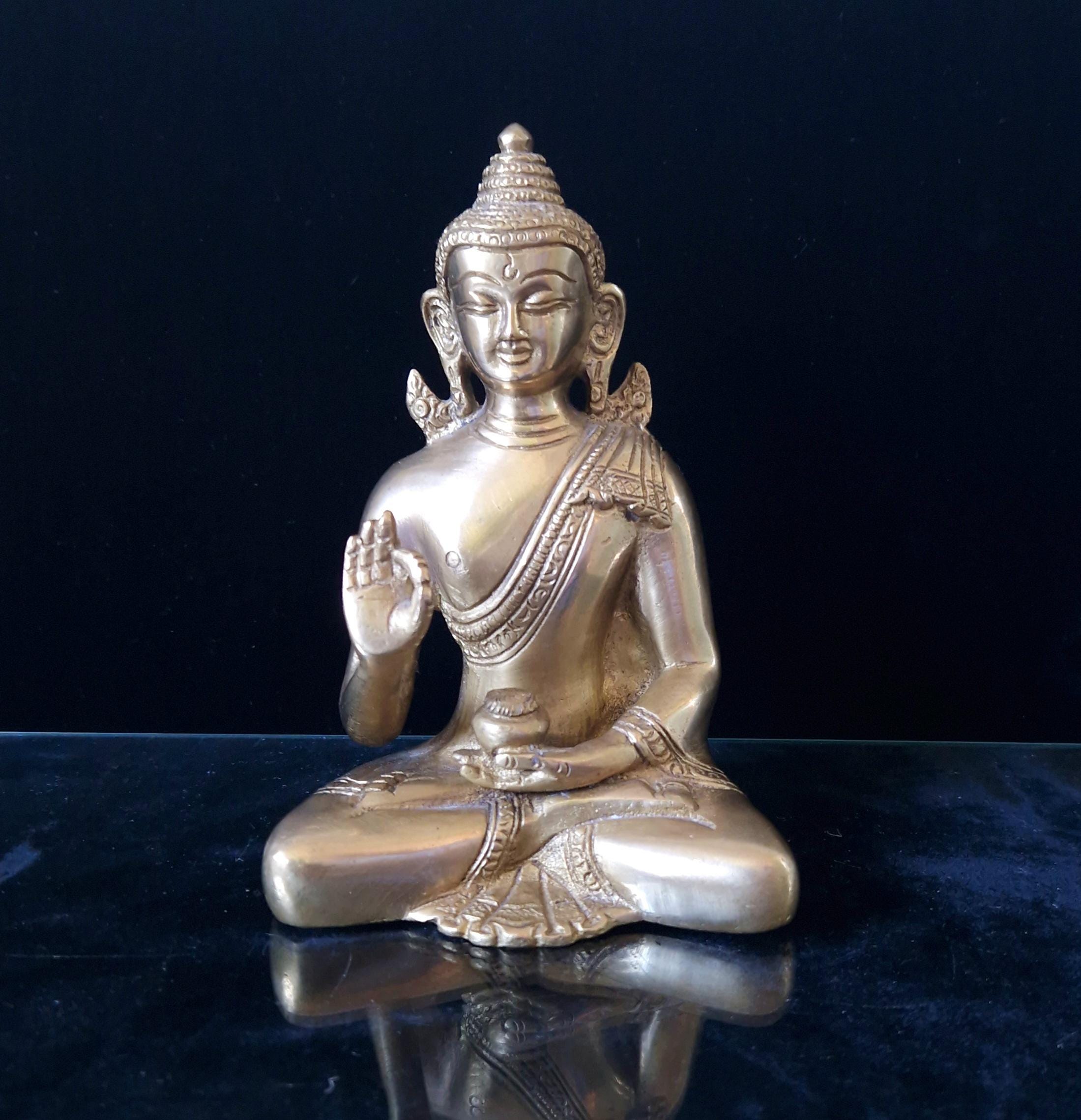 Vintage Heavy Cast Brass Seated Meditating Buddha Figure Vitarka Mudra Pose 6 inches