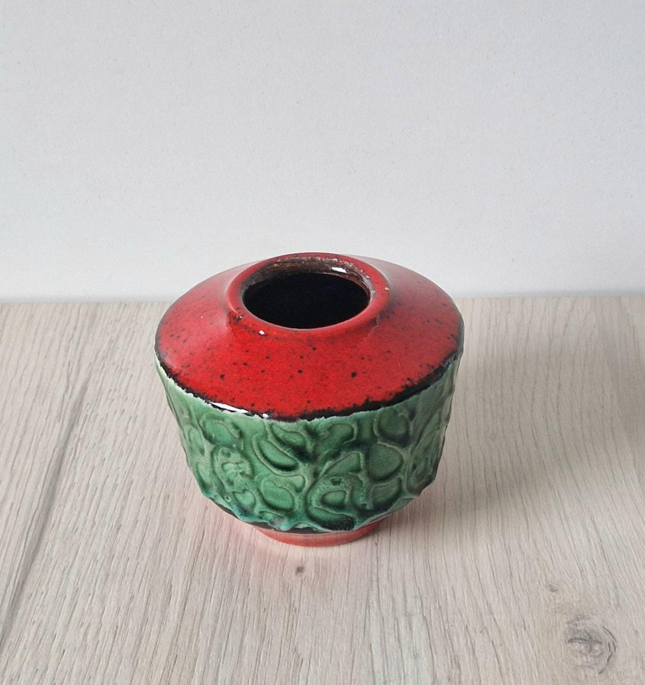 Mid-Century West German Green & Red Squat Fat Lava Vase 8cm