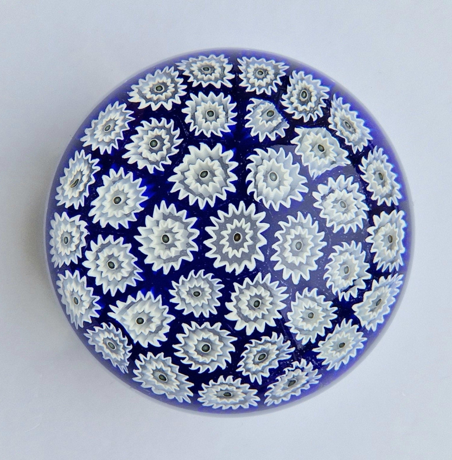 ALT Studio Murano Glass Deep Blue & White Star Flower Millifiore Paperweight
