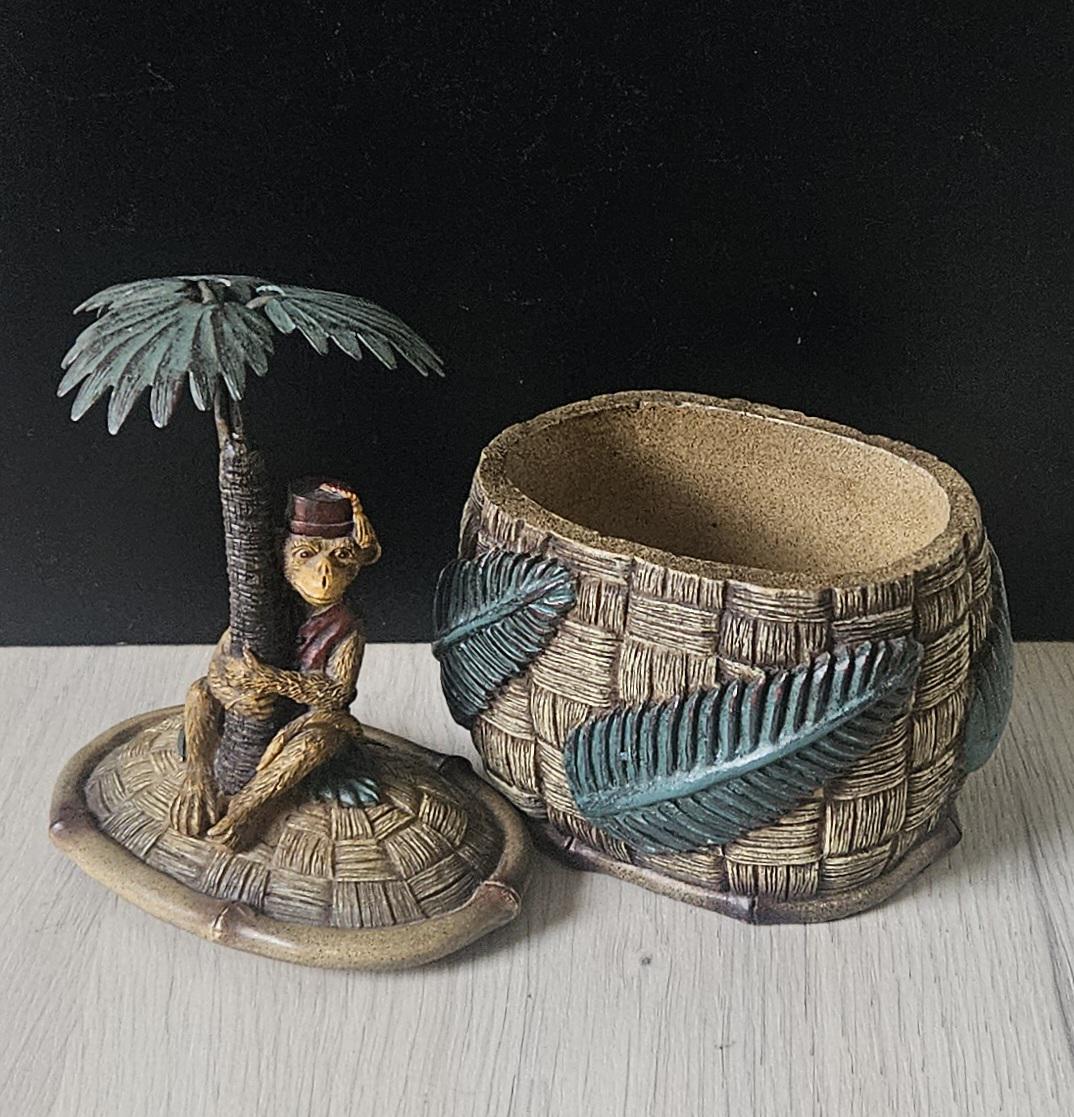 Vintage Novelty Monkey in Fez on Palm Tree Resin Trinket Pot .1980s Heavy Resin Decorative Monkey Lidded Trinket Pot 20cm Tall 916 Grams