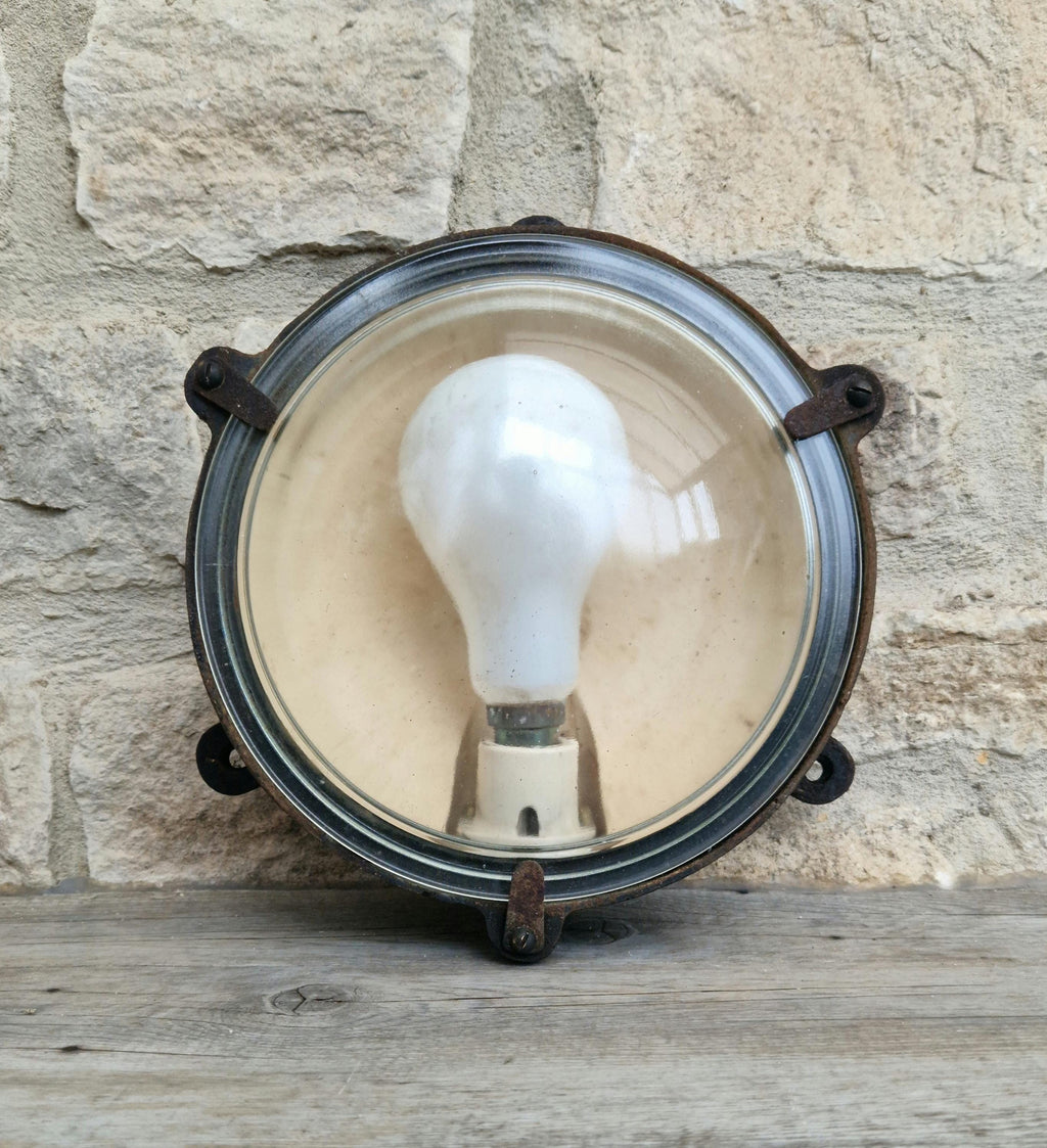 Vintage Industrial Marine Bulkhead Wall Light Cast Iron Round Fixture