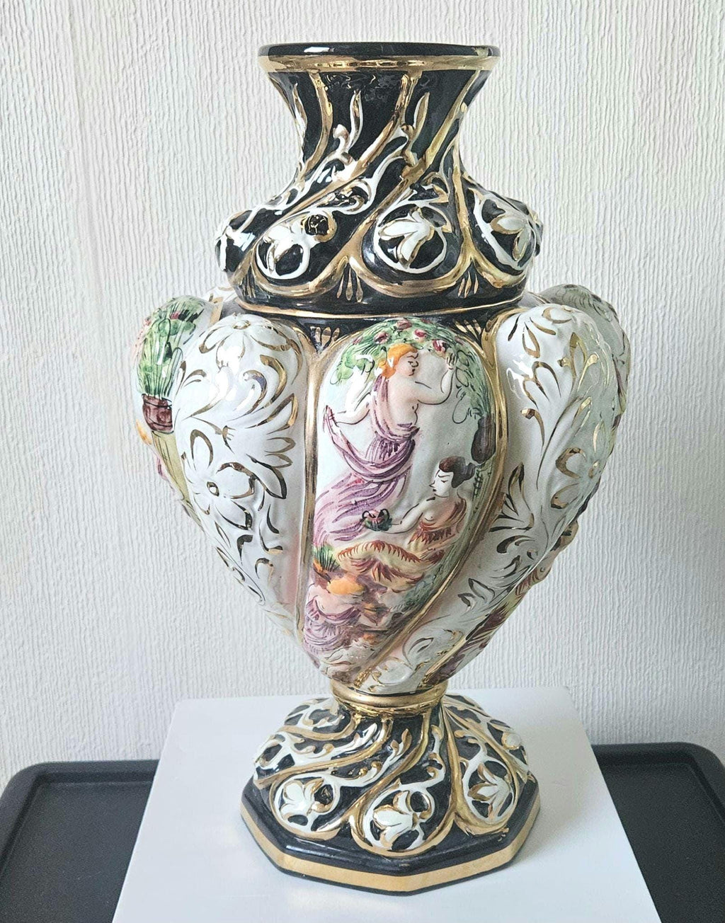 Vintage Italian Majolica Vase: Large Handpainted Figural Ceramic, 40cm Tall
