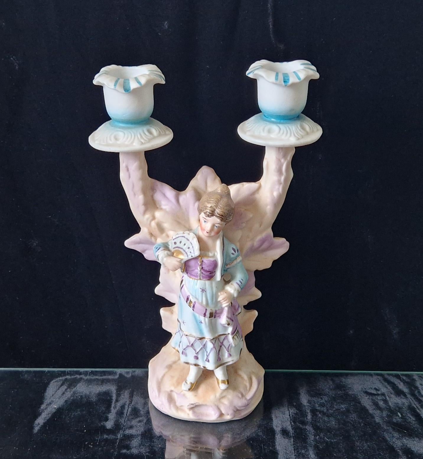 19th Century Continental Bisque Handpainted Fan Girl Figural 2 Candle Candelabra