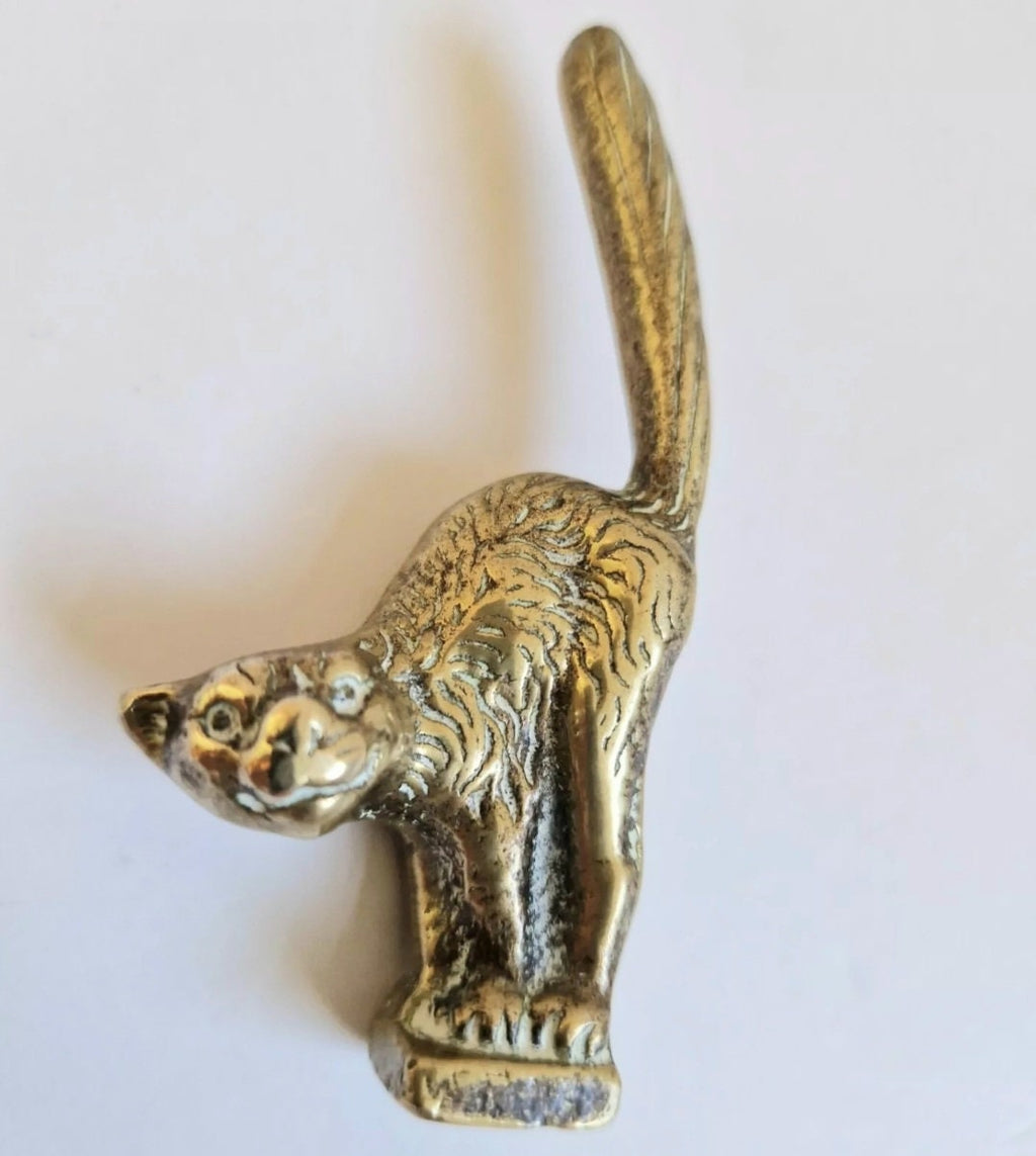 Small Heavy Solid Cast Brass Witch's Standing Cat Figure Ornament 8.5cm Possibly Pipe Tamper