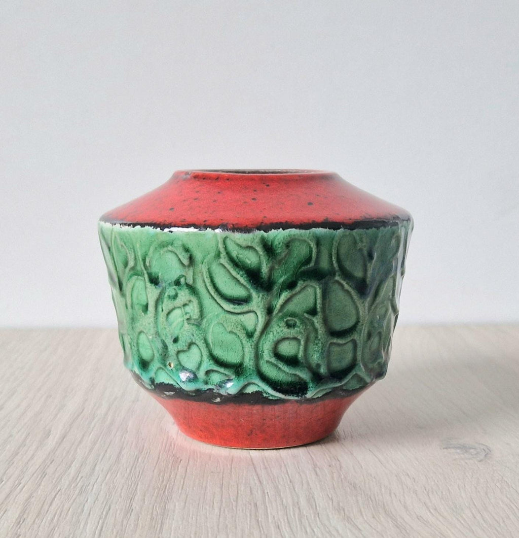 Mid-Century West German Green & Red Squat Fat Lava Vase 8cm