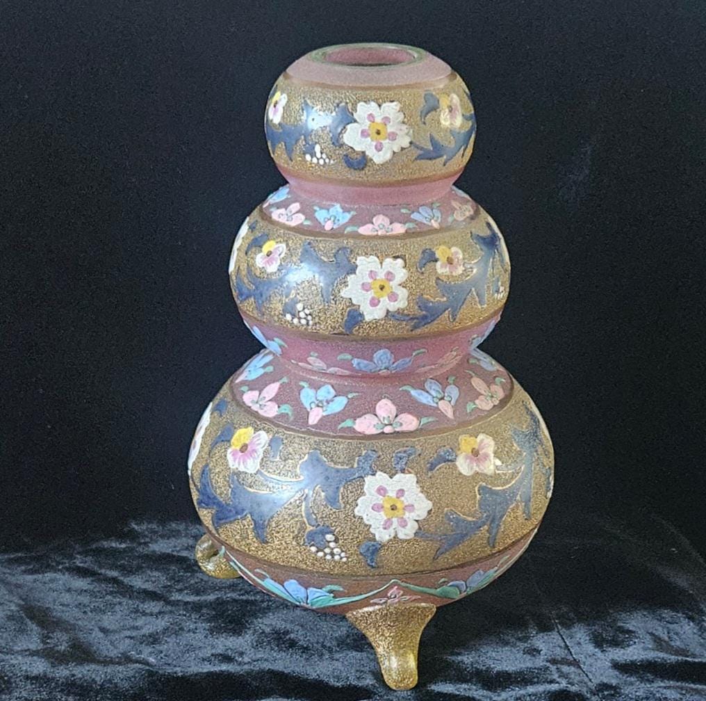 Antique Bohemian Glass Vase Pale Pink with Enamel Floral Design Flowers Rare 22cm Tall 1kg 35grams