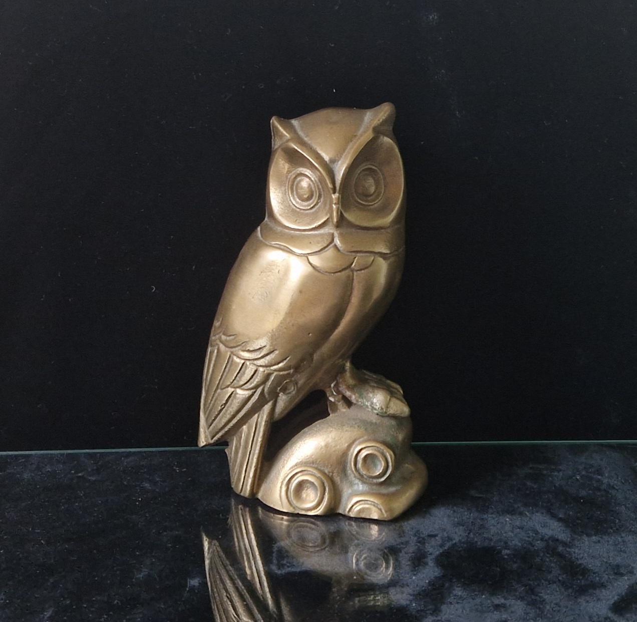 Vintage Heavy Mcm Cast Brass Owl Figure Ornament Scandi Style 16cm Tall Unpolished