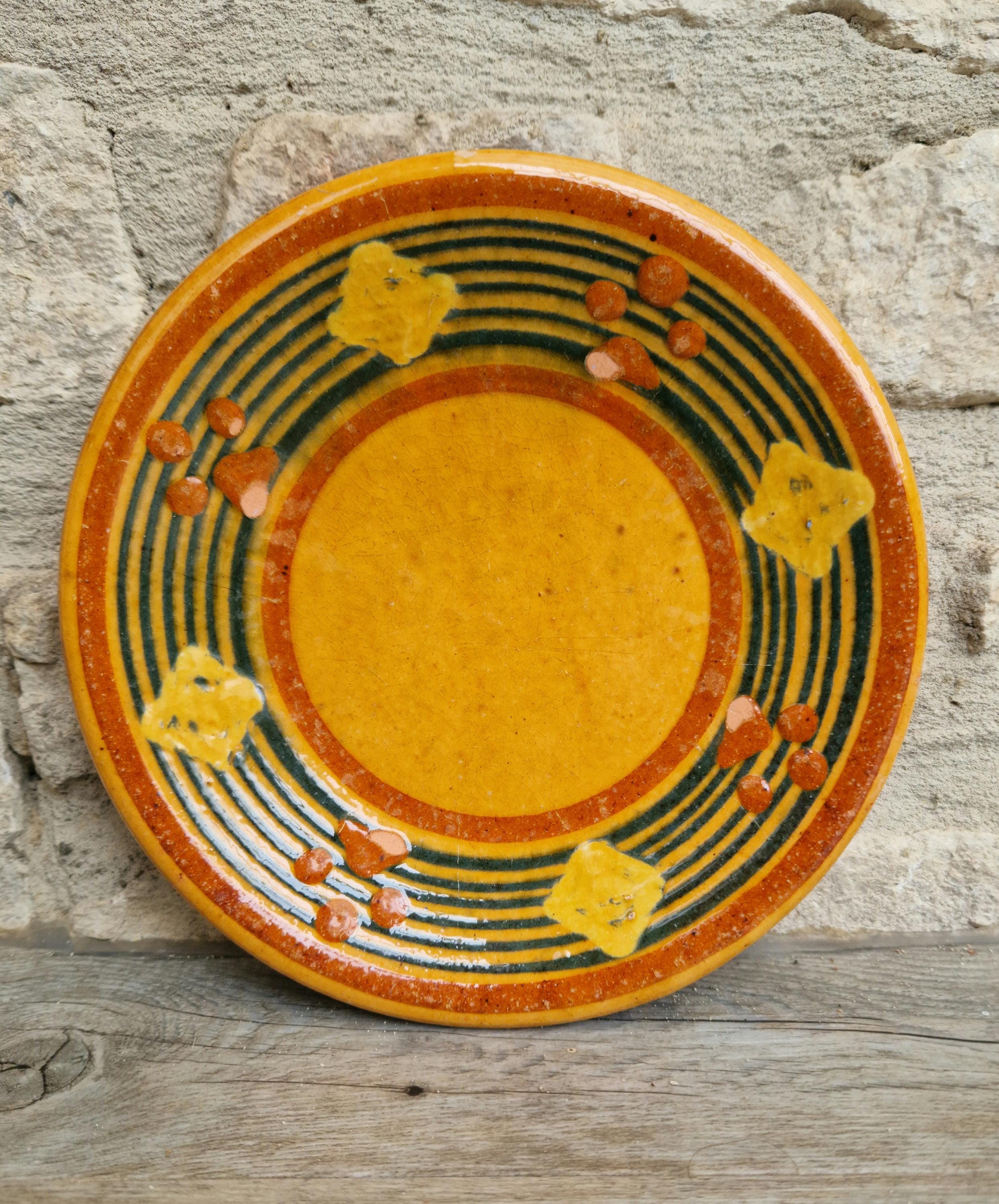 Vintage French Rustic BIOT Ceramic Concentric Circles Motif Yellow Glaze Dessert Plate