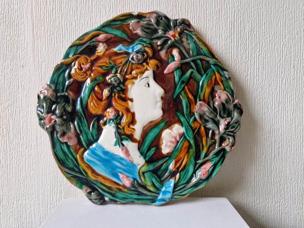 Antique Majolica Floral Blue Dress Lady Art Nouveau Handpainted Ceramic Wall Plaque Roundel
