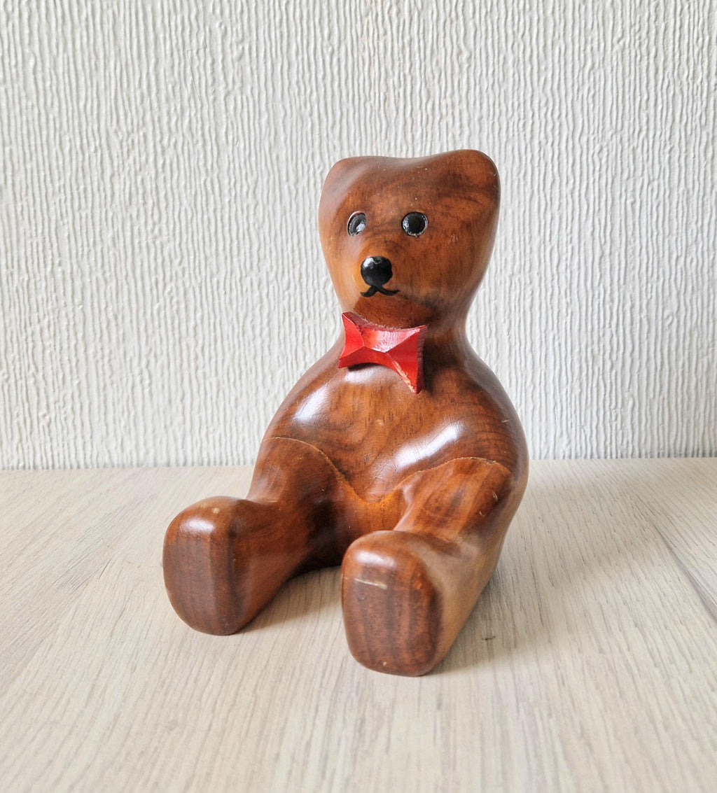 Vintage Stylised Carved Plum Wood Teddy Bear Figure 14cm