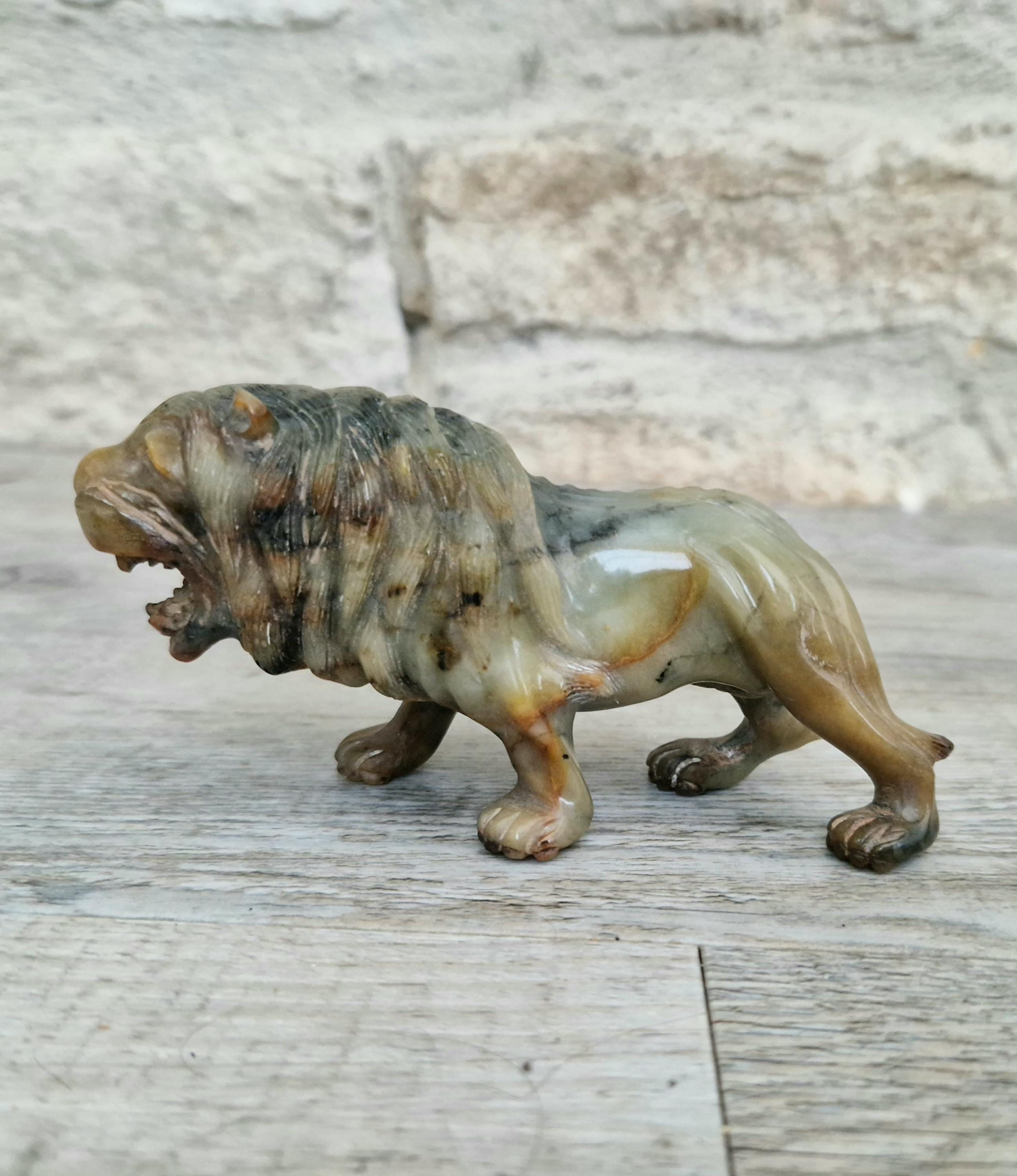 Vintage Fine Carved Jade Roaring Lion Sculpture Early 20th Century Ornament
