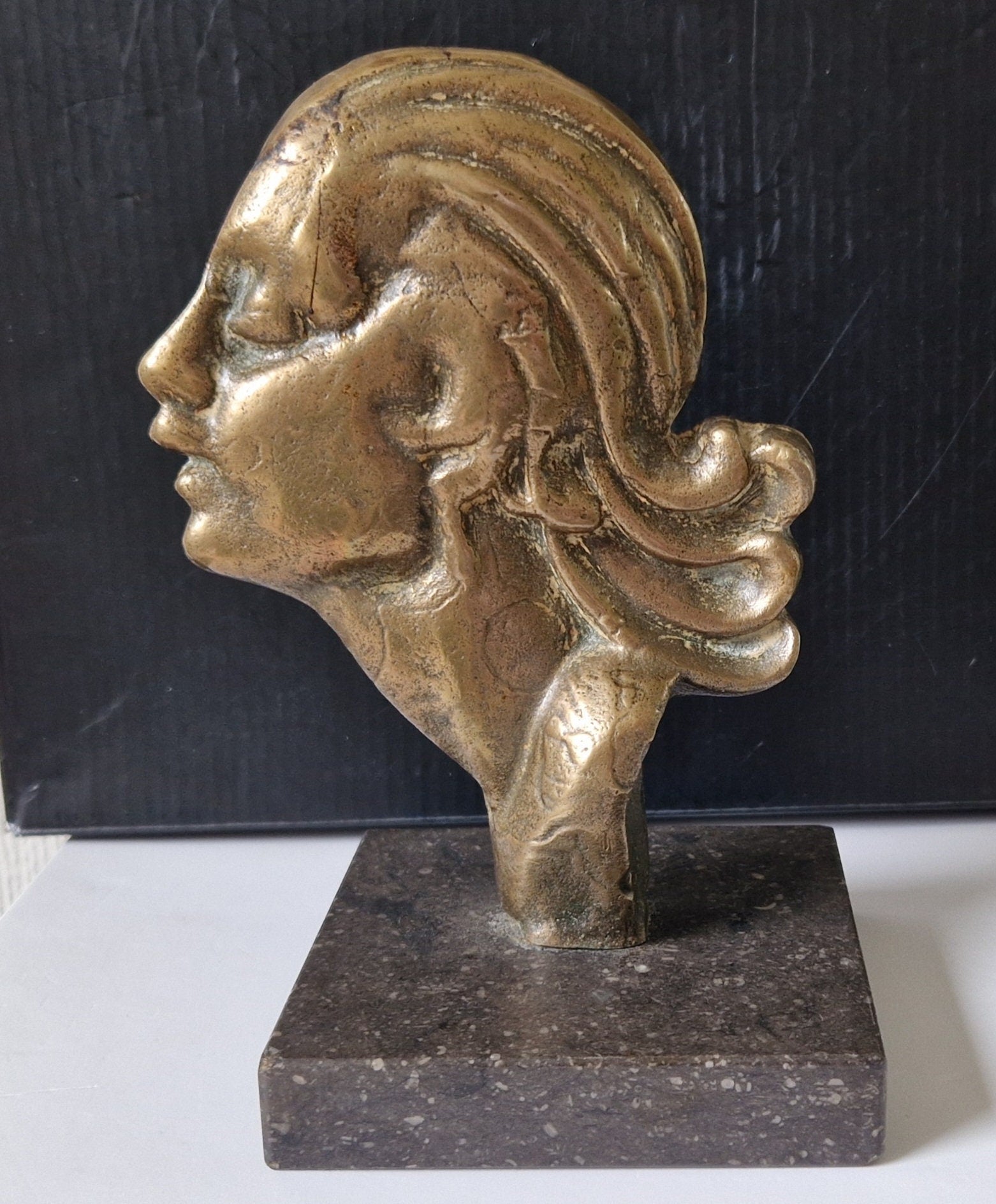 Art Deco Cast Bronze Girl's Head Profile Black Marble Mounted Desk Sculpture