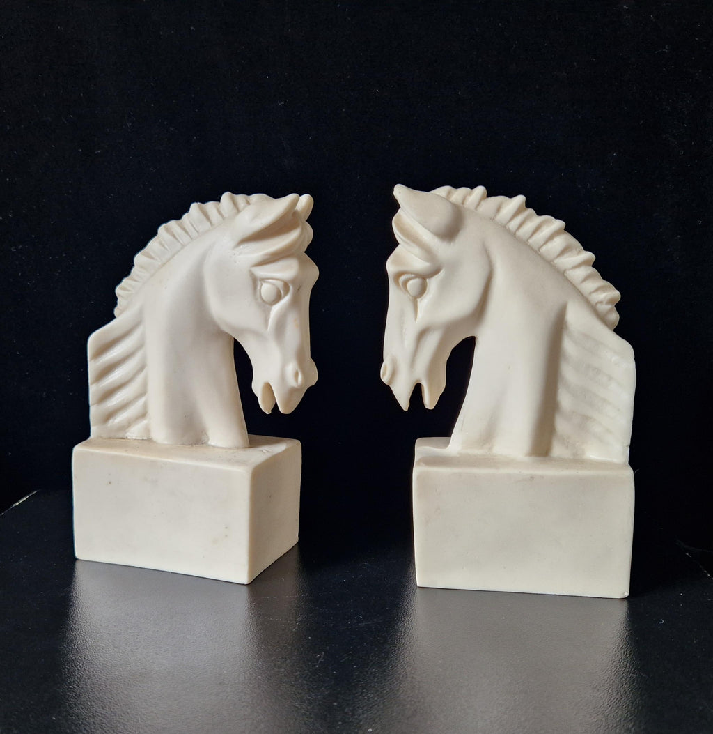 Vintage Continental White Stallion Horse Head Resin Book Ends Ornaments