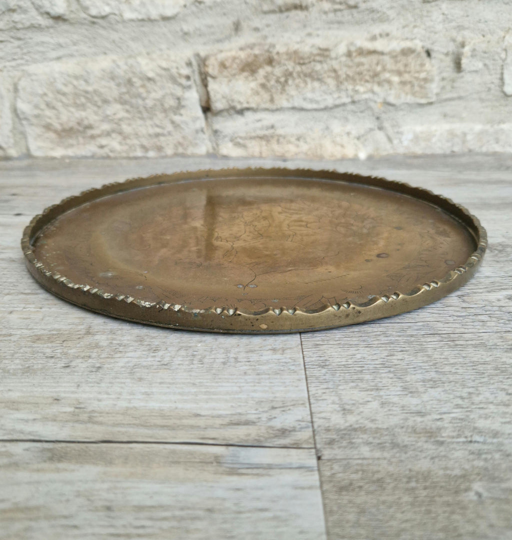 Antique Chinese Engraved Brass Round Opium Tray c1900 27.5cm