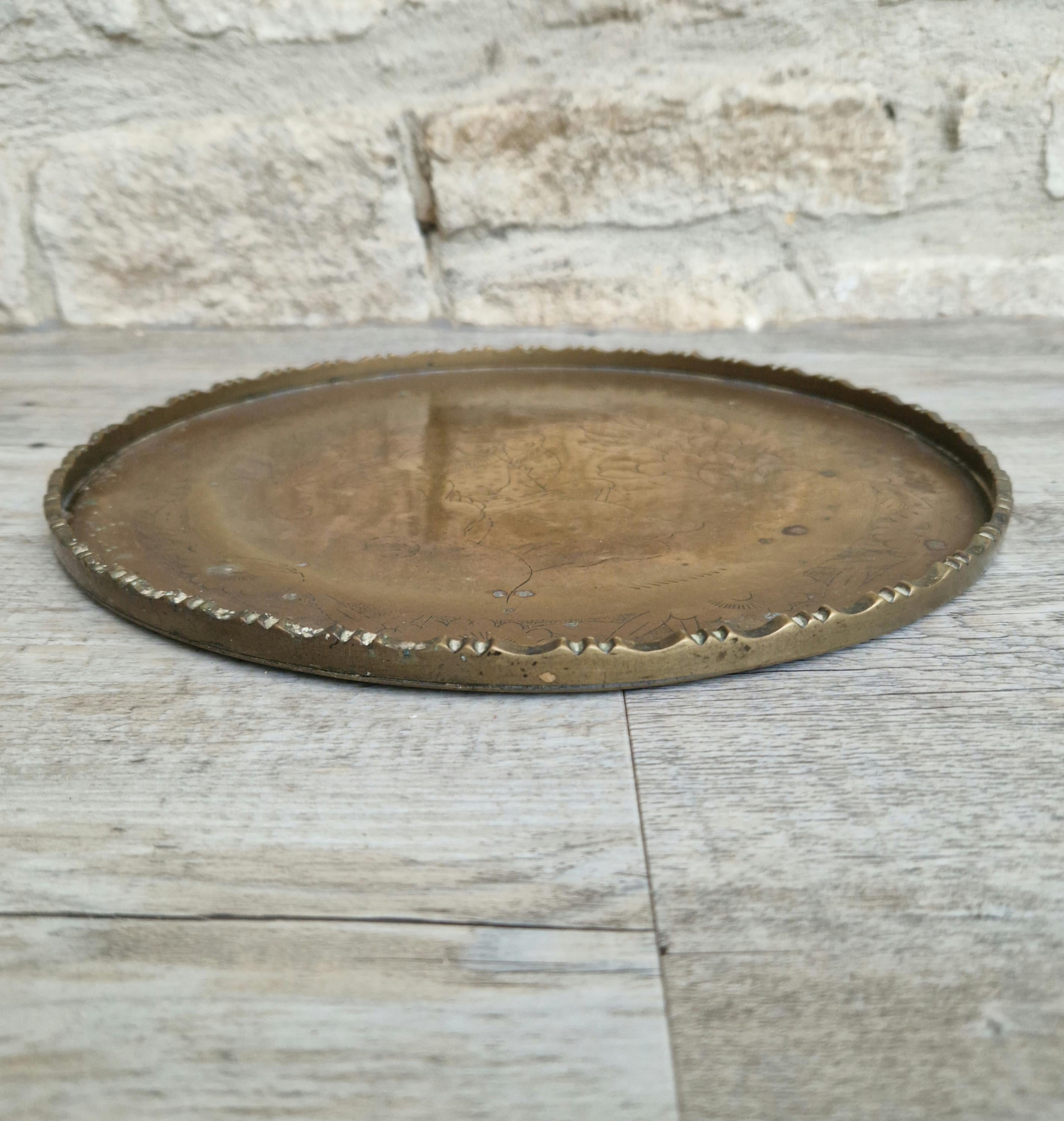 Antique Chinese Engraved Brass Round Opium Tray c1900 27.5cm