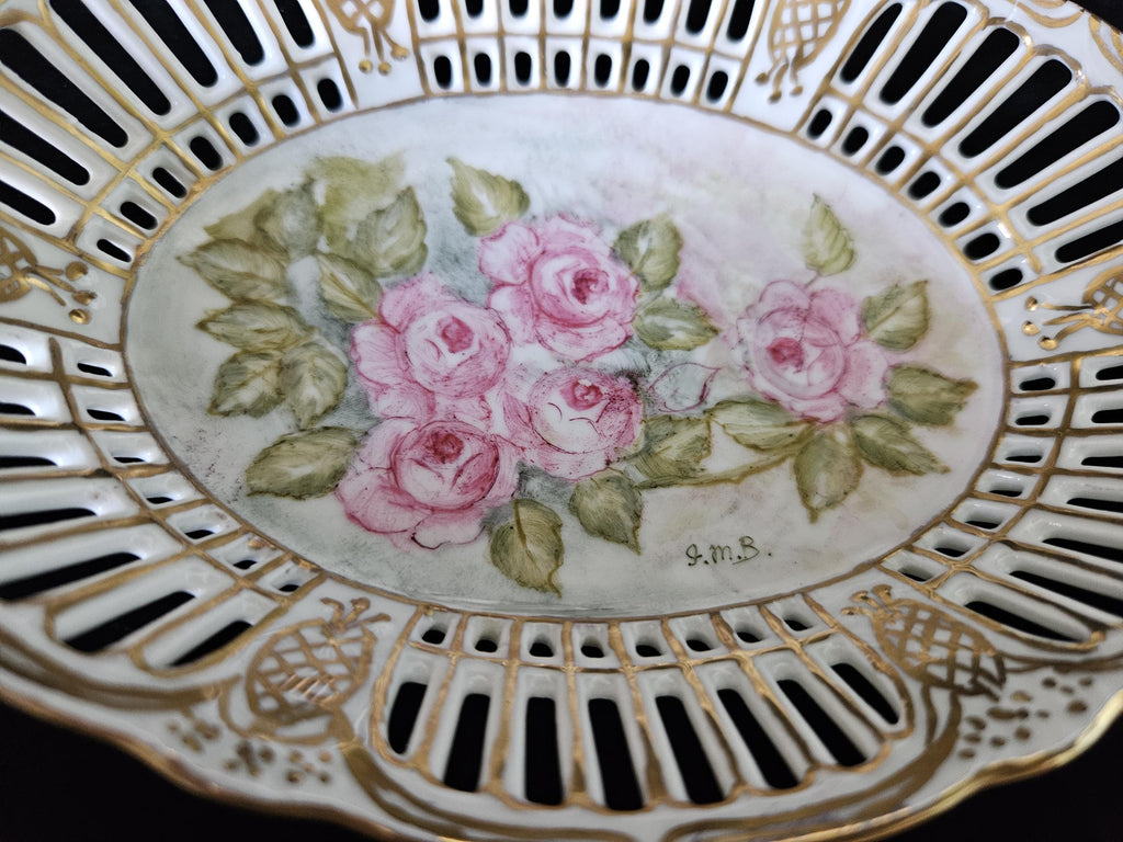 German Porcelain Lattice Dish Handpainted Roses Trinket Dish Vintage