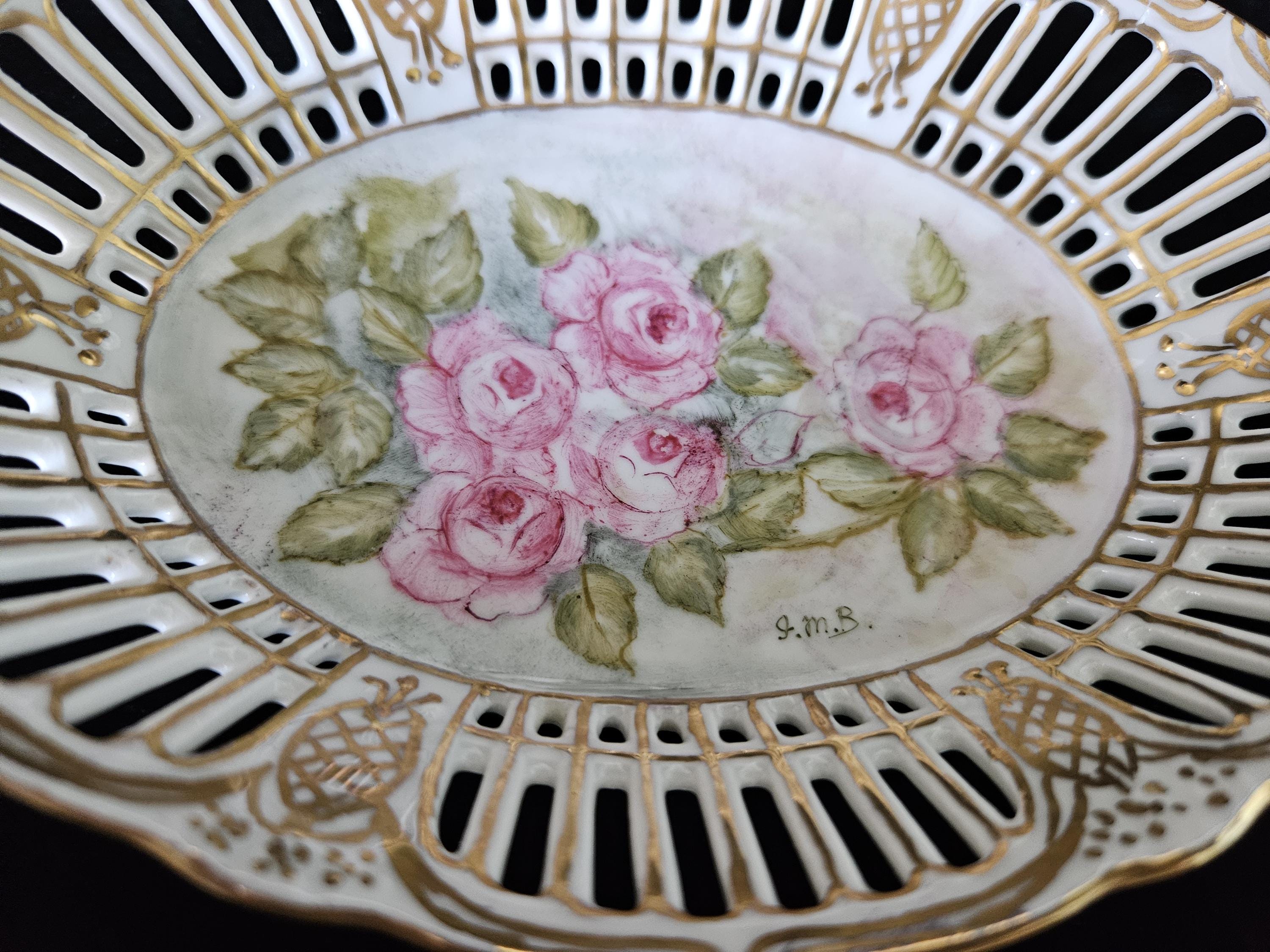 German Porcelain Lattice Dish Handpainted Roses Trinket Dish Vintage