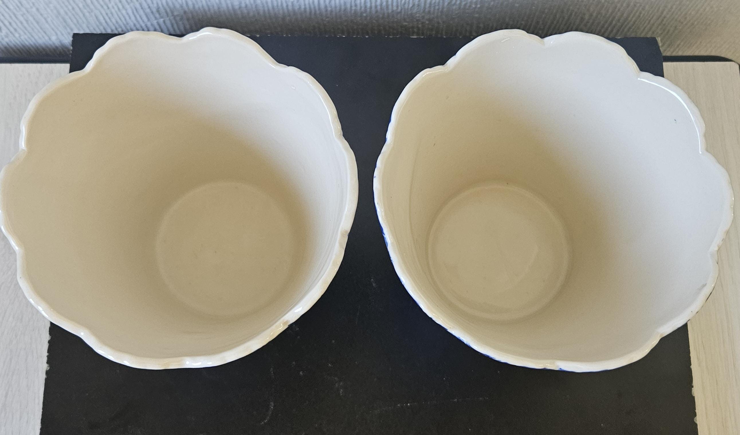 Vintage Staffordshire Pottery Planters: Blue & White Neoclassical Scalloped Edge