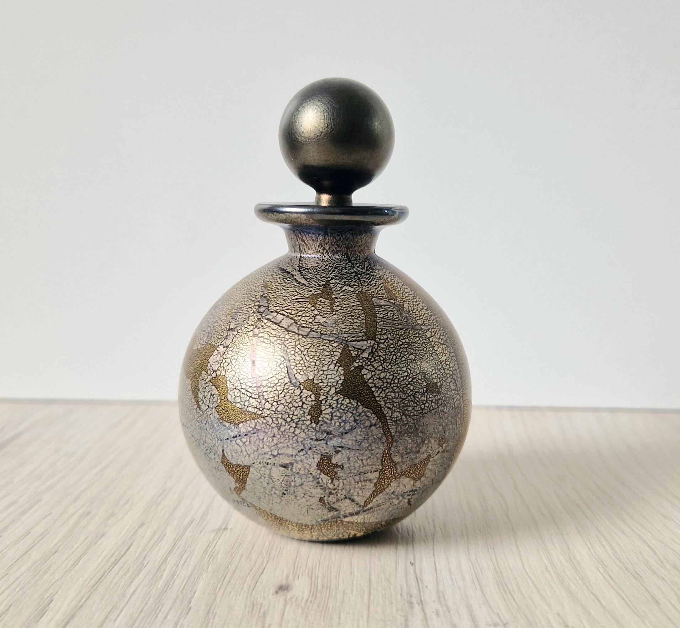 Isle of Wight Art Glass Perfume Bottle: Black Azurene Iridescent, Michael Harris 1970s England