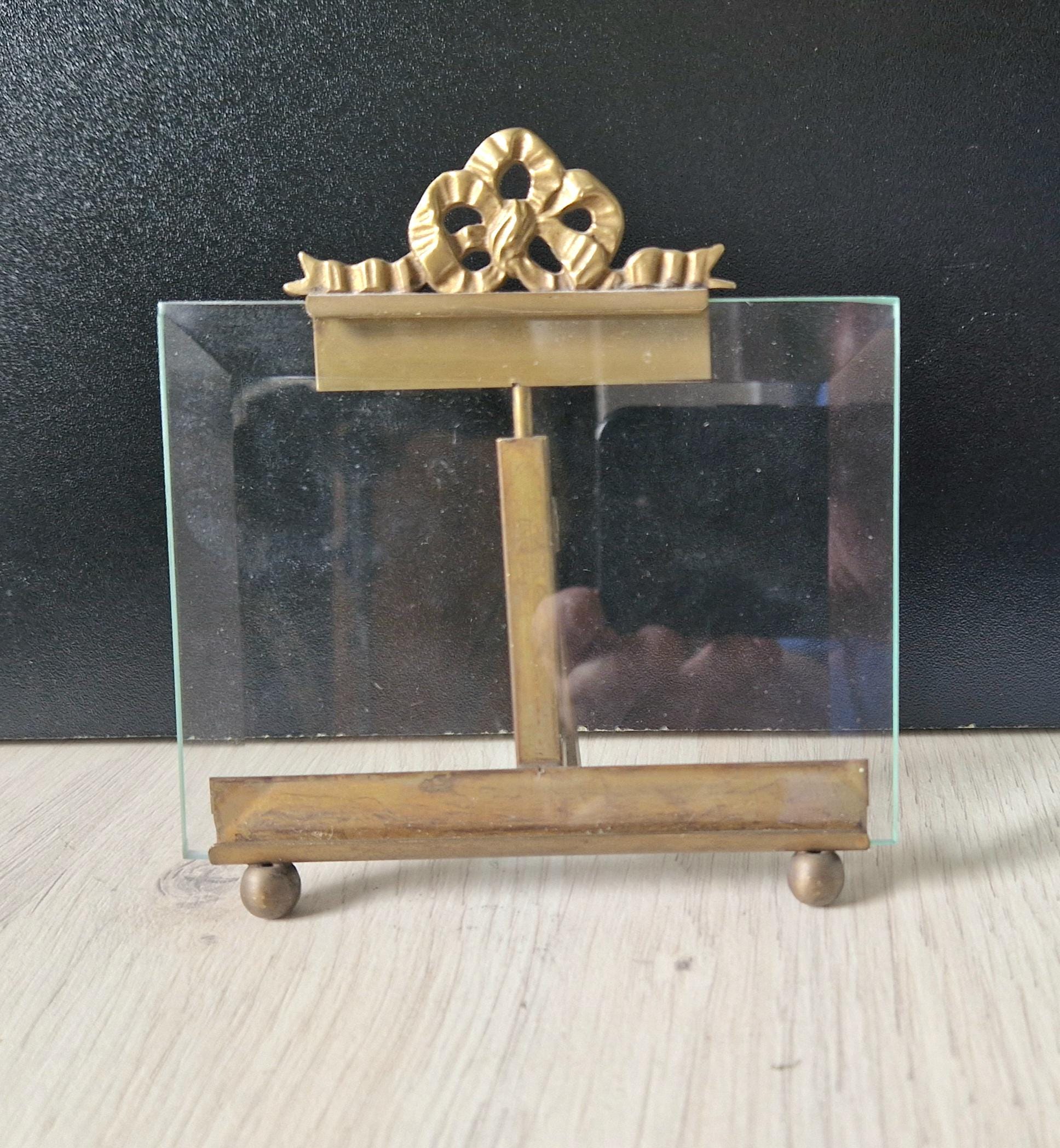 2 x Vintage Small Rectangular Ornate Brass & Bevelled Glass Photo/Display Stands