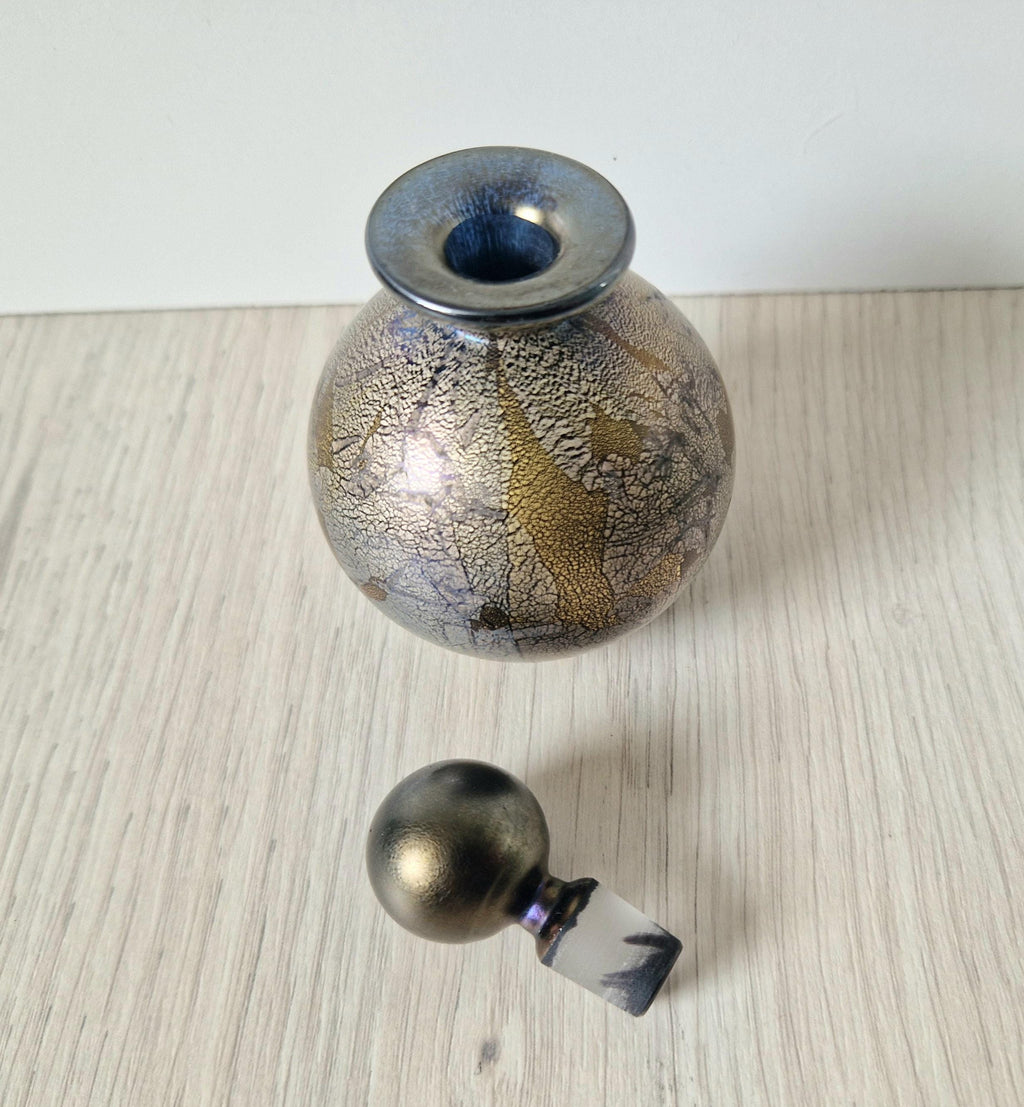 Isle of Wight Art Glass Perfume Bottle: Black Azurene Iridescent, Michael Harris 1970s England