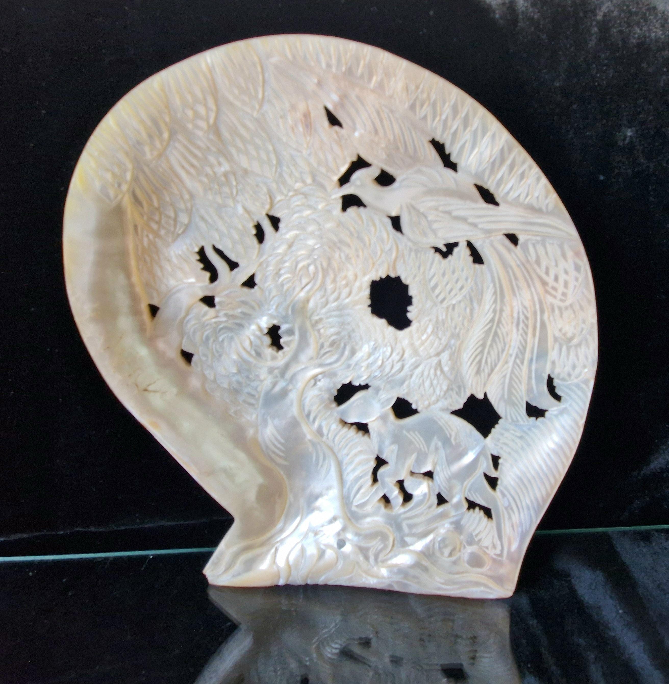 Vintage Chinese Carved Large Mother Of Pearl Shell Animal Birds Forest Scene