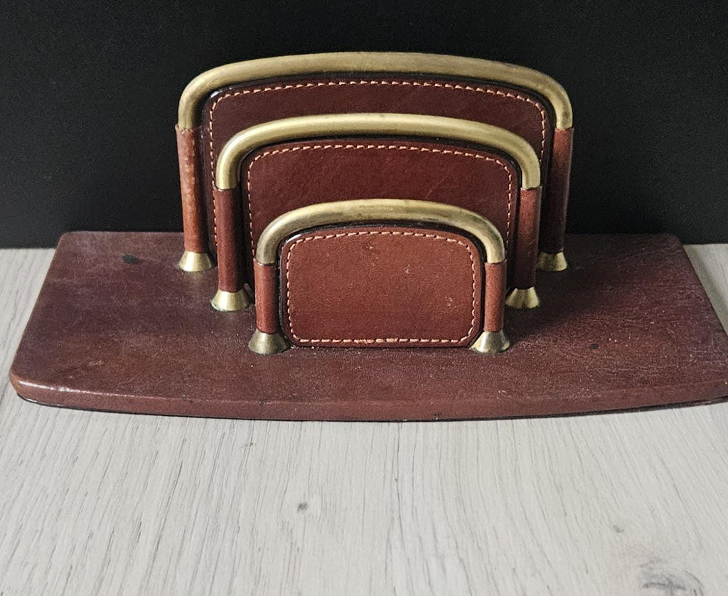 Vintage TONY PEROTTI Italian Leather Letter Rack Chestnut Brown Leather *Some Marks
