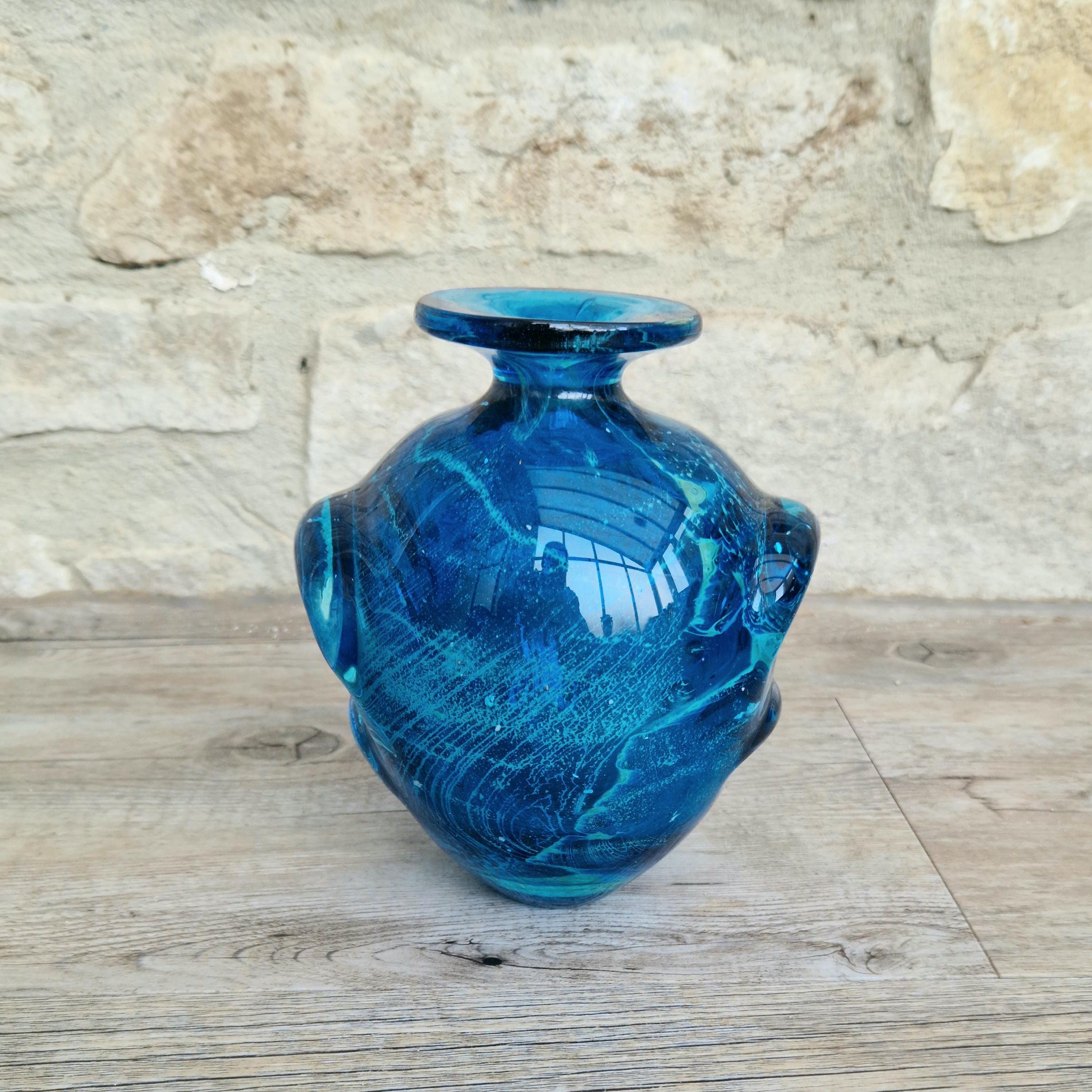 Vintage 1970s Blue Art Glass Vase Turquoise Sea Sand 15cm Tall Mdina Malta Ornate Art Glass Vase 1.308 Grams