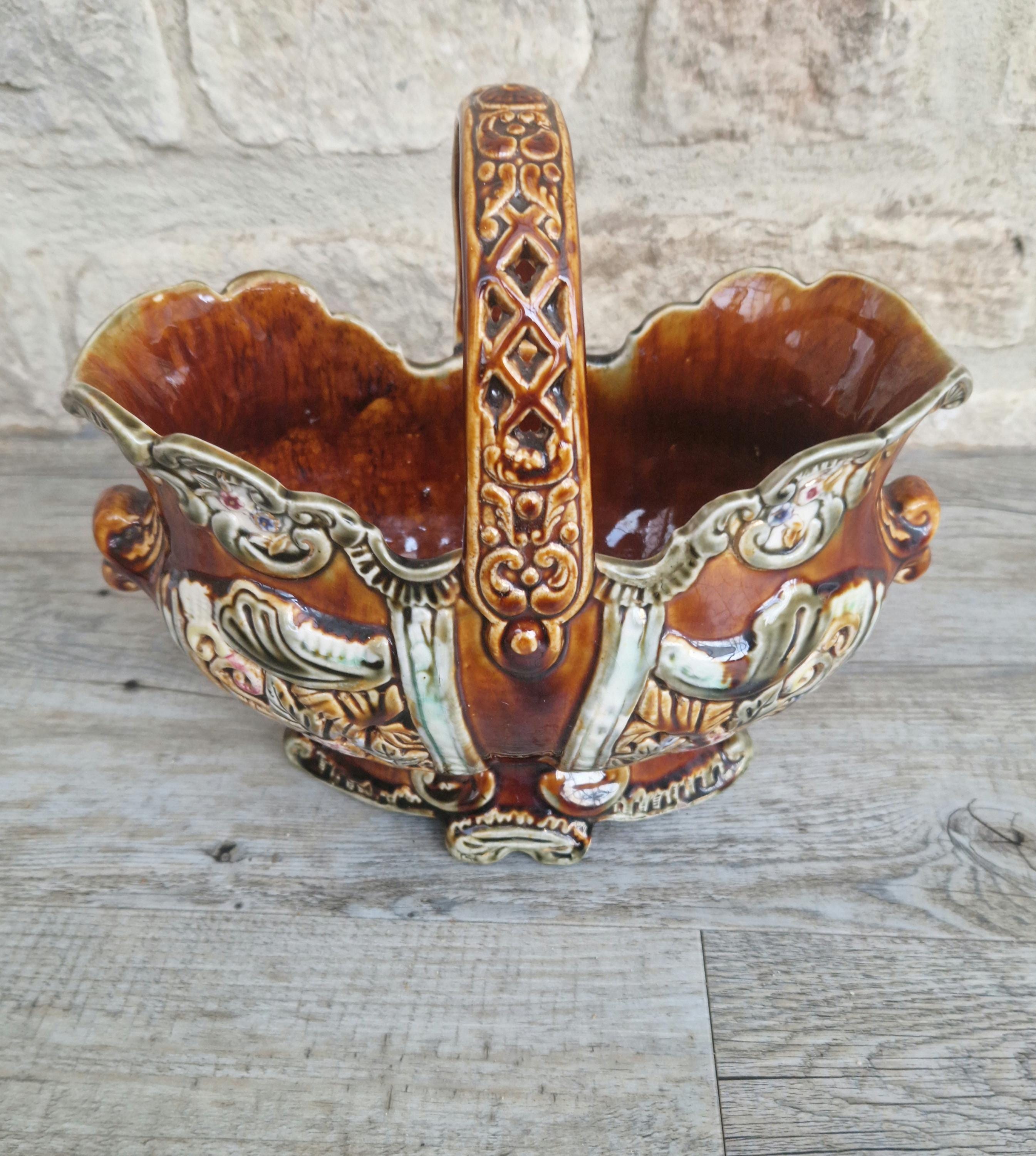 Antique Large Majolica Treacle Glaze Basket Planter Vase