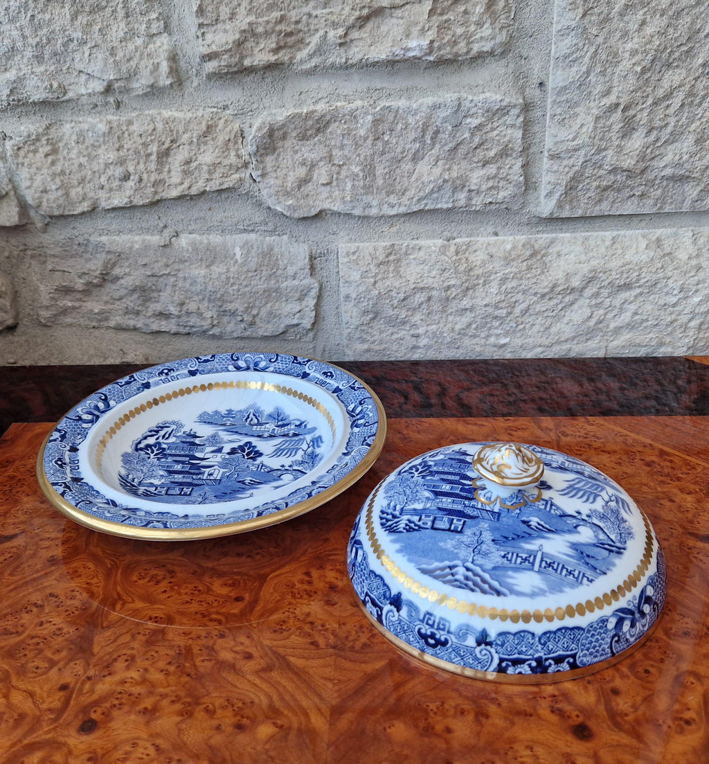 Davenport Blue & White Gilt Muffin Dish, England c.1870-1886